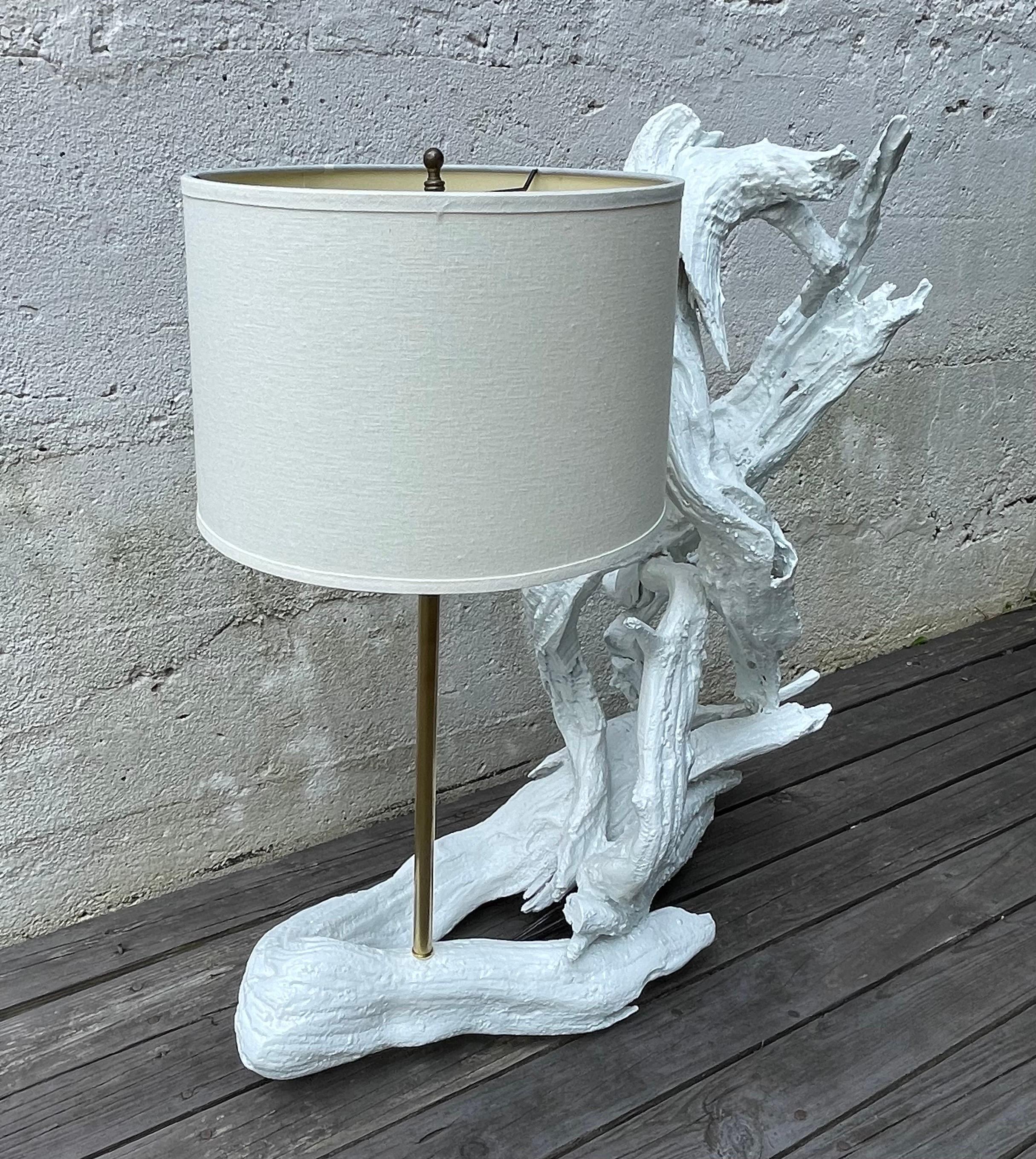 Impressive sculptural driftwood table lamp recently repainted white with new brass hardware, Catskills NY, 1950's

23 inches to the top of the socket, shade and finial not included.