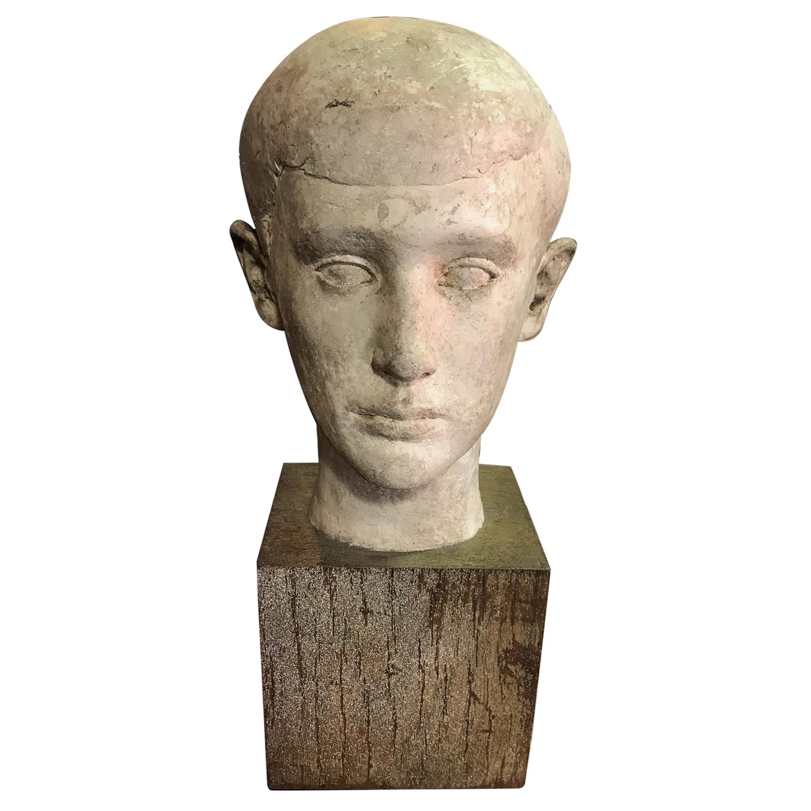 Stone Carved Heavy Abstract Head Sculpture on Base in the Syle of