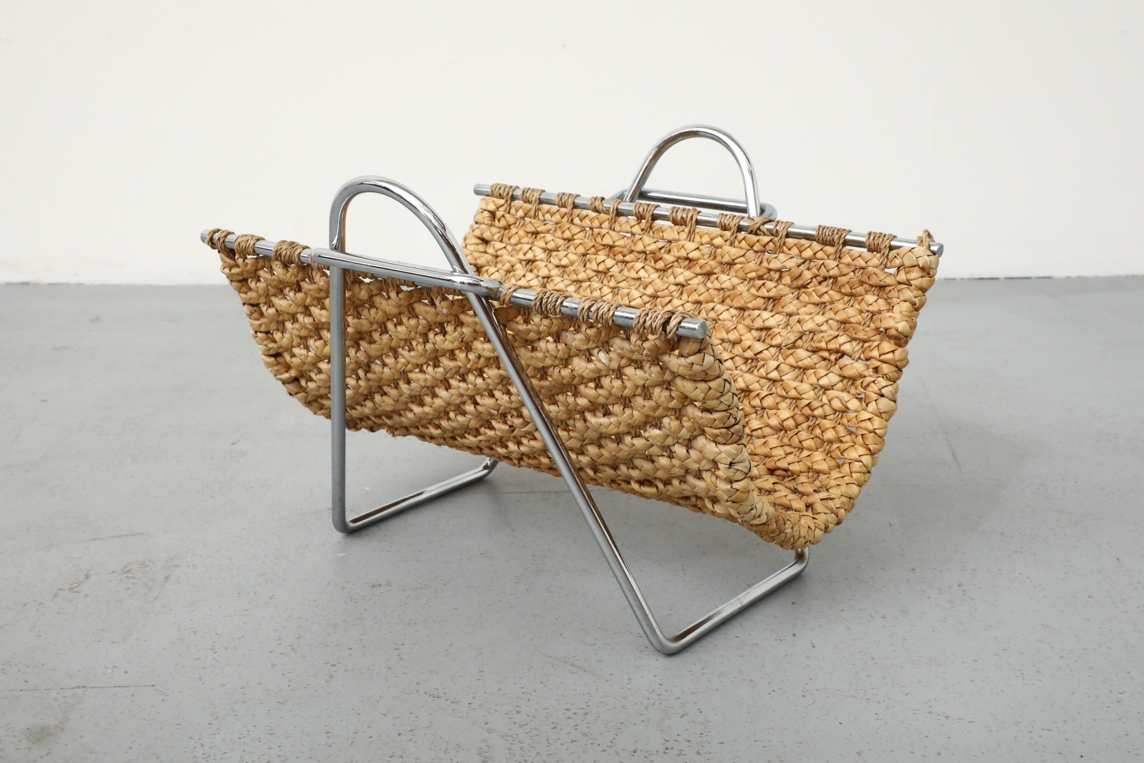 Mid-Century Seagrass and Chrome Magazine Rack or Log Carrier 3