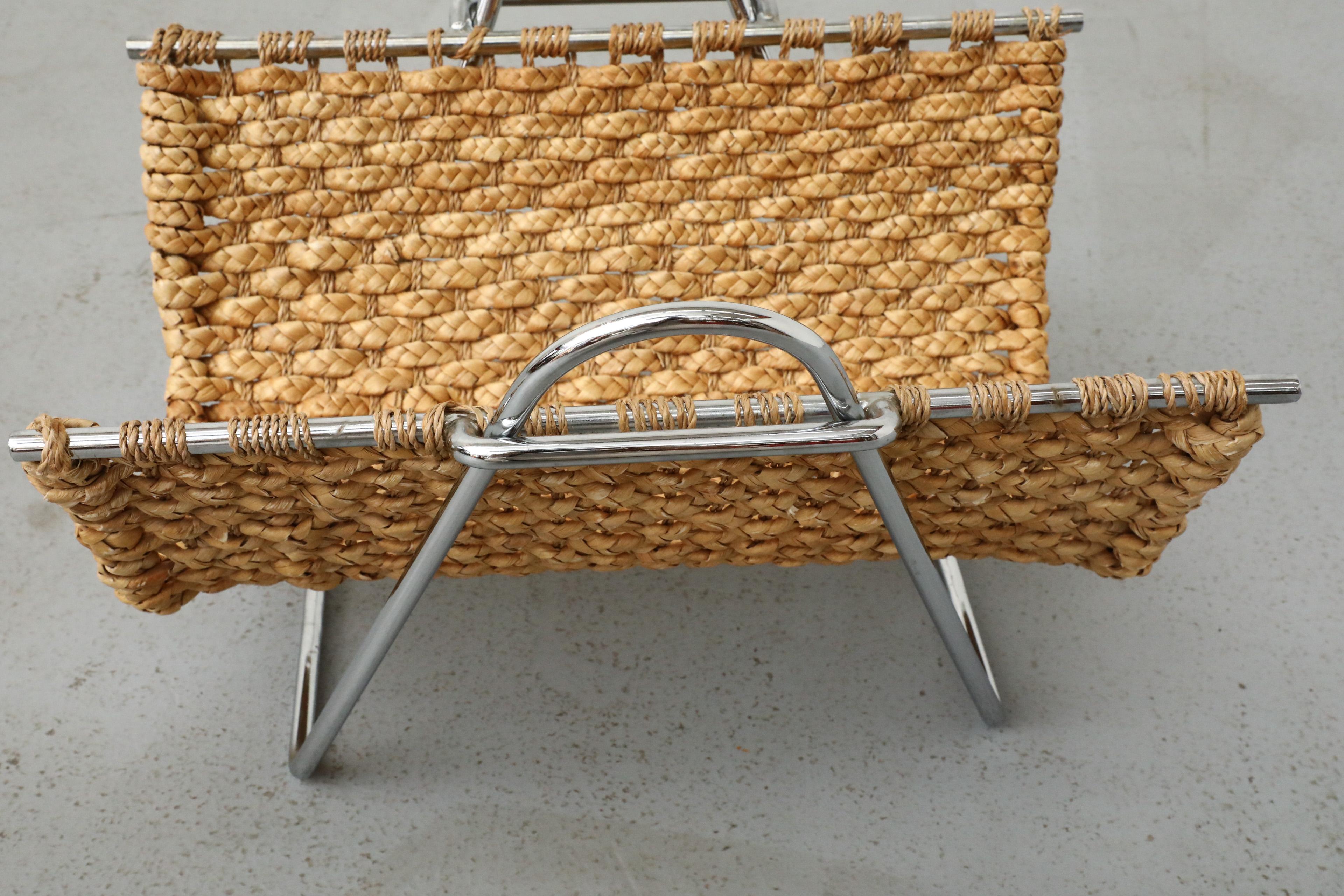 Mid-Century Seagrass and Chrome Magazine Rack or Log Carrier 6
