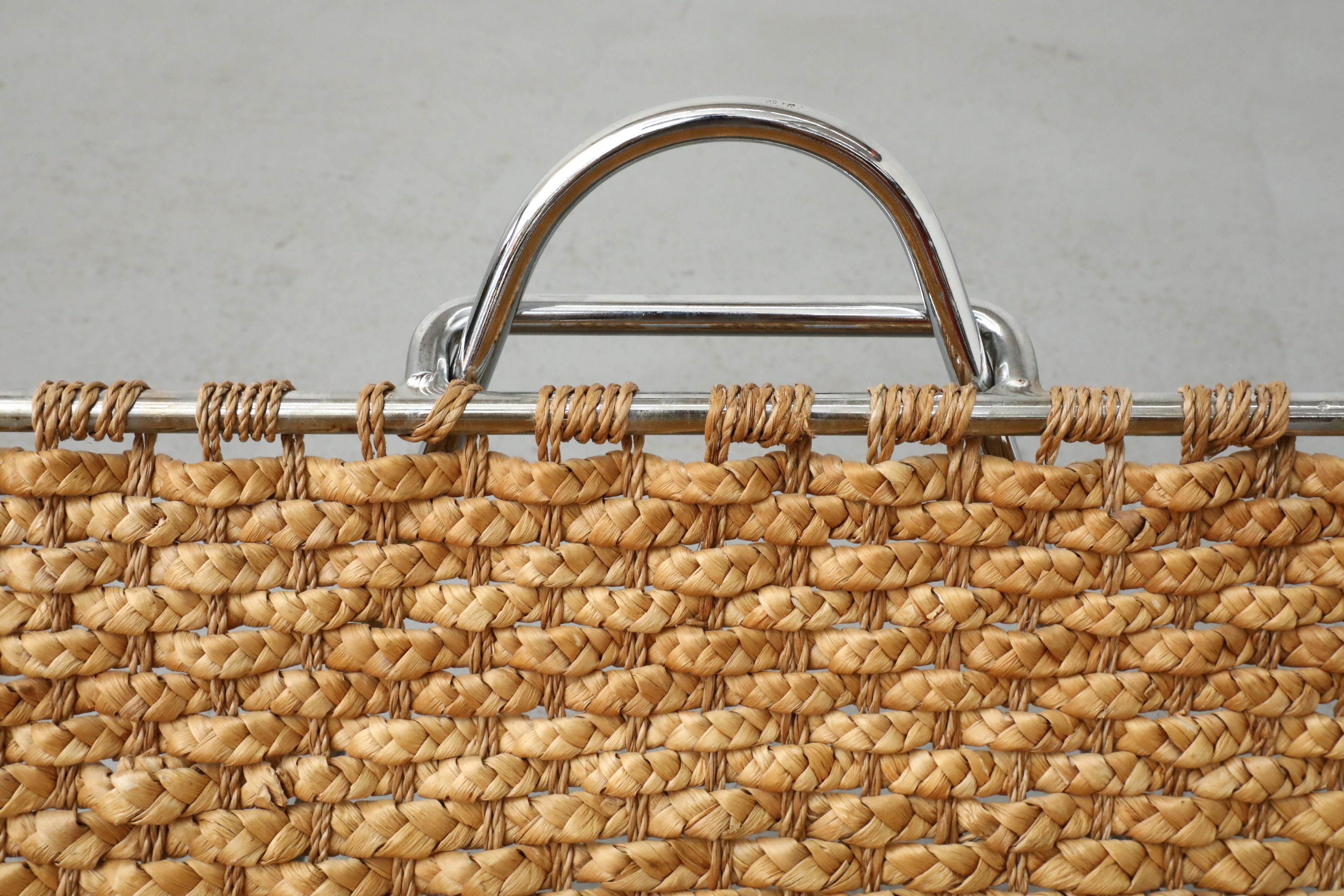 Mid-Century Seagrass and Chrome Magazine Rack or Log Carrier 7