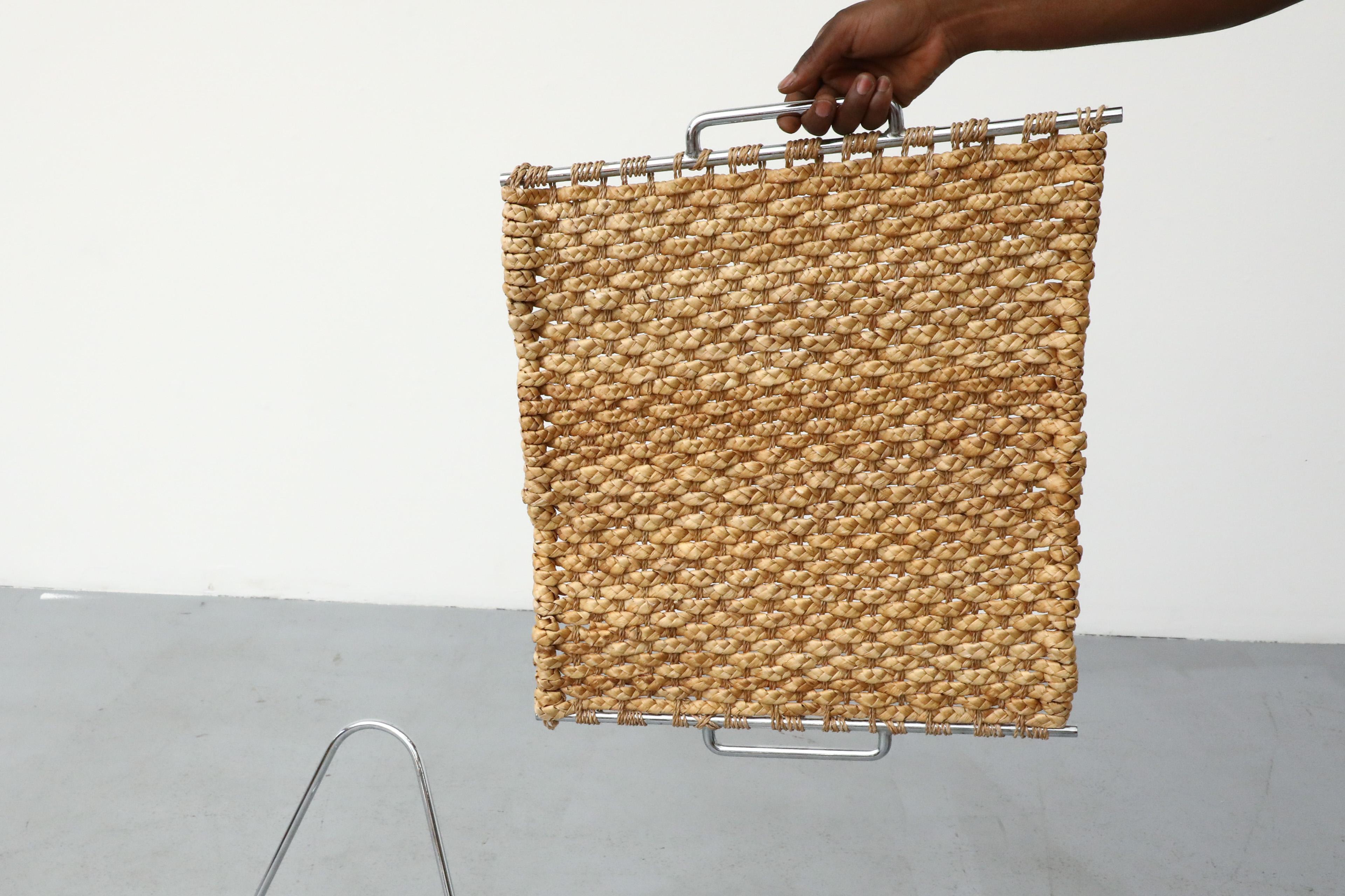 Mid-Century Seagrass and Chrome Magazine Rack or Log Carrier 9
