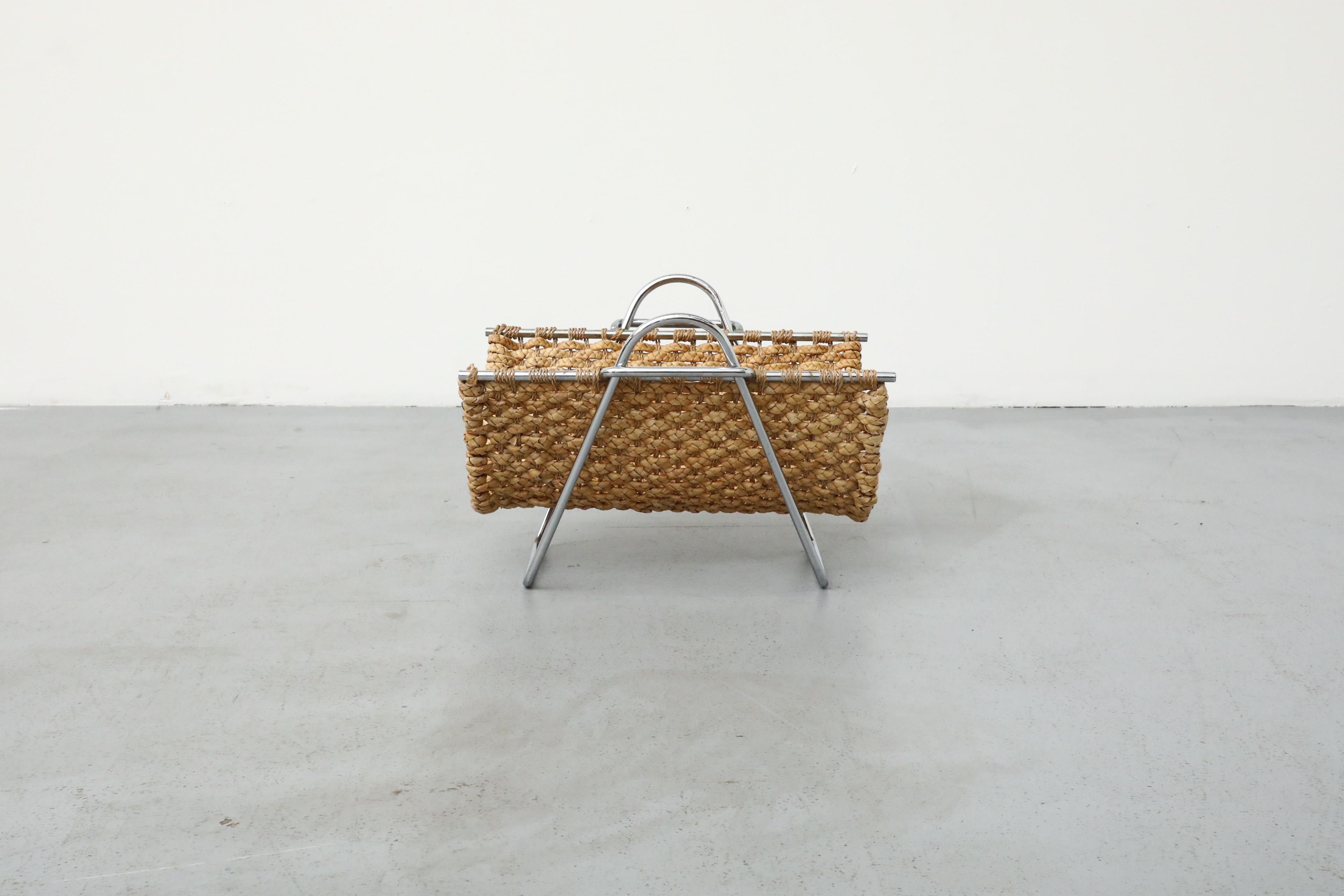 Mid-Century Modern Mid-Century Seagrass and Chrome Magazine Rack or Log Carrier