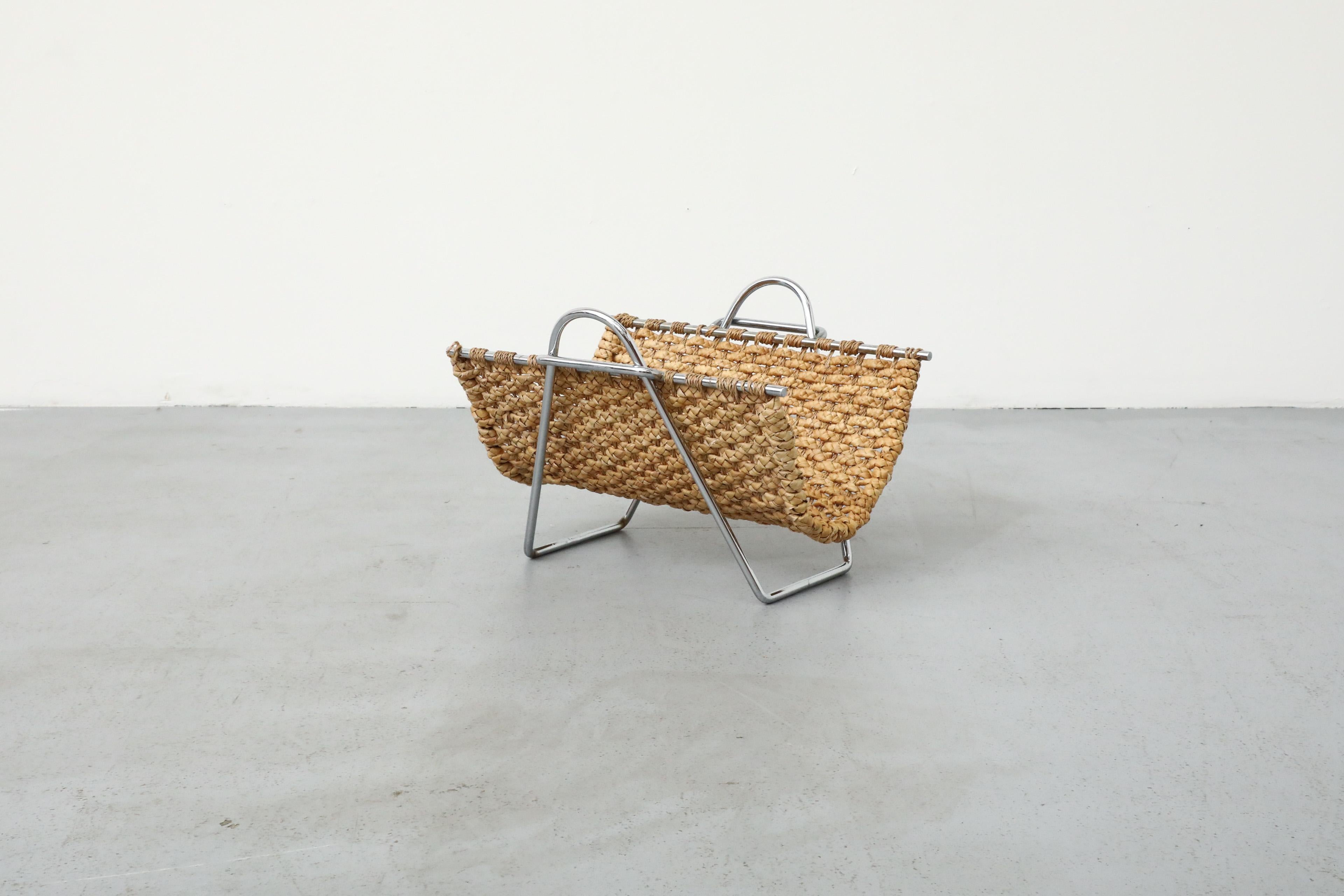 Dutch Mid-Century Seagrass and Chrome Magazine Rack or Log Carrier