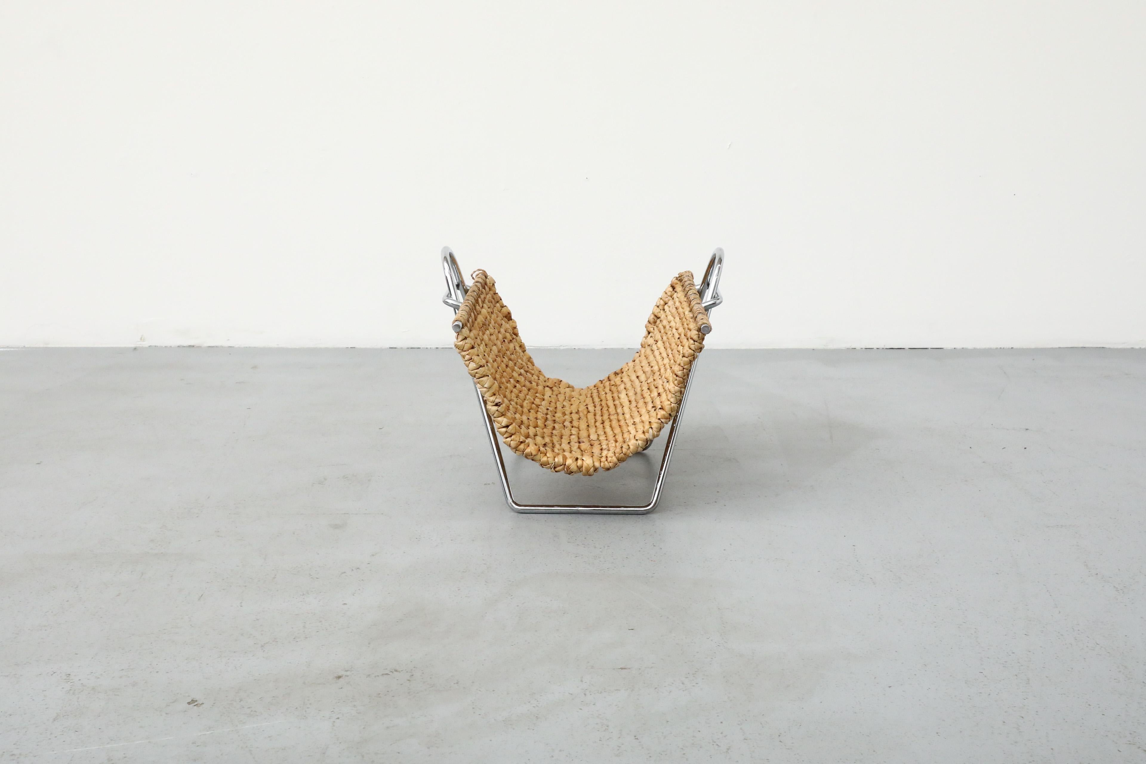 Woven Mid-Century Seagrass and Chrome Magazine Rack or Log Carrier