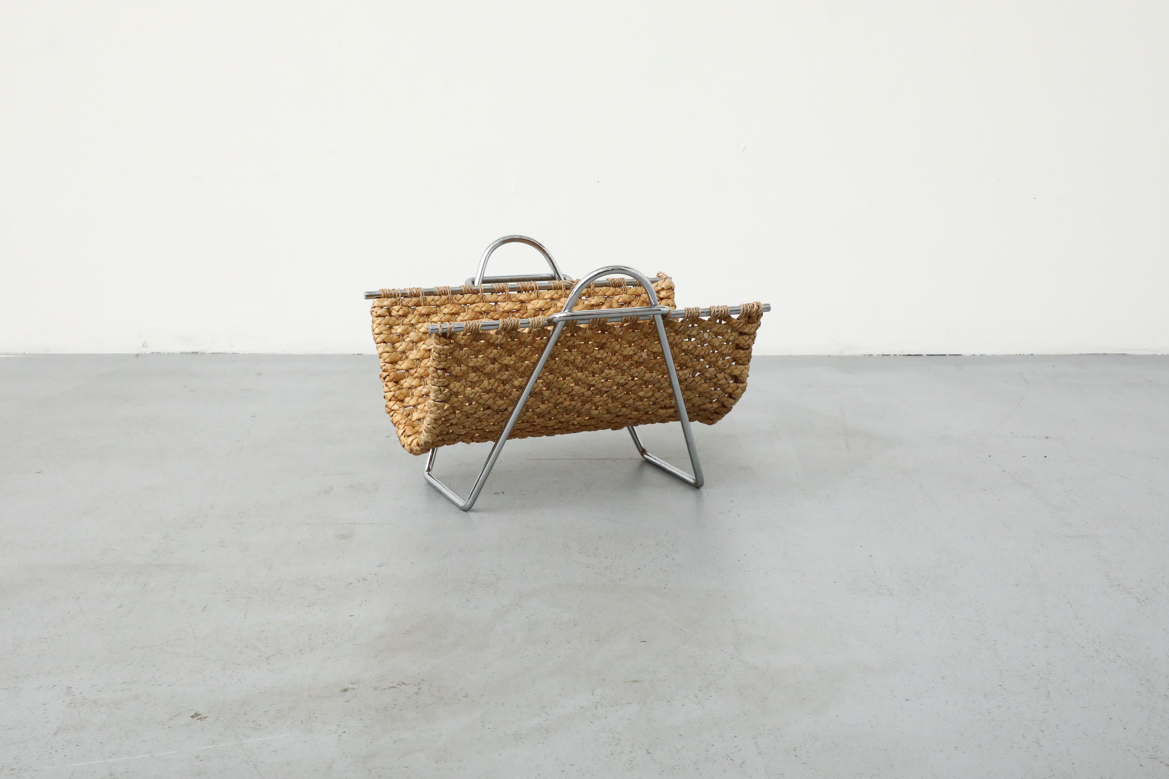 Mid-Century Seagrass and Chrome Magazine Rack or Log Carrier In Good Condition In Los Angeles, CA