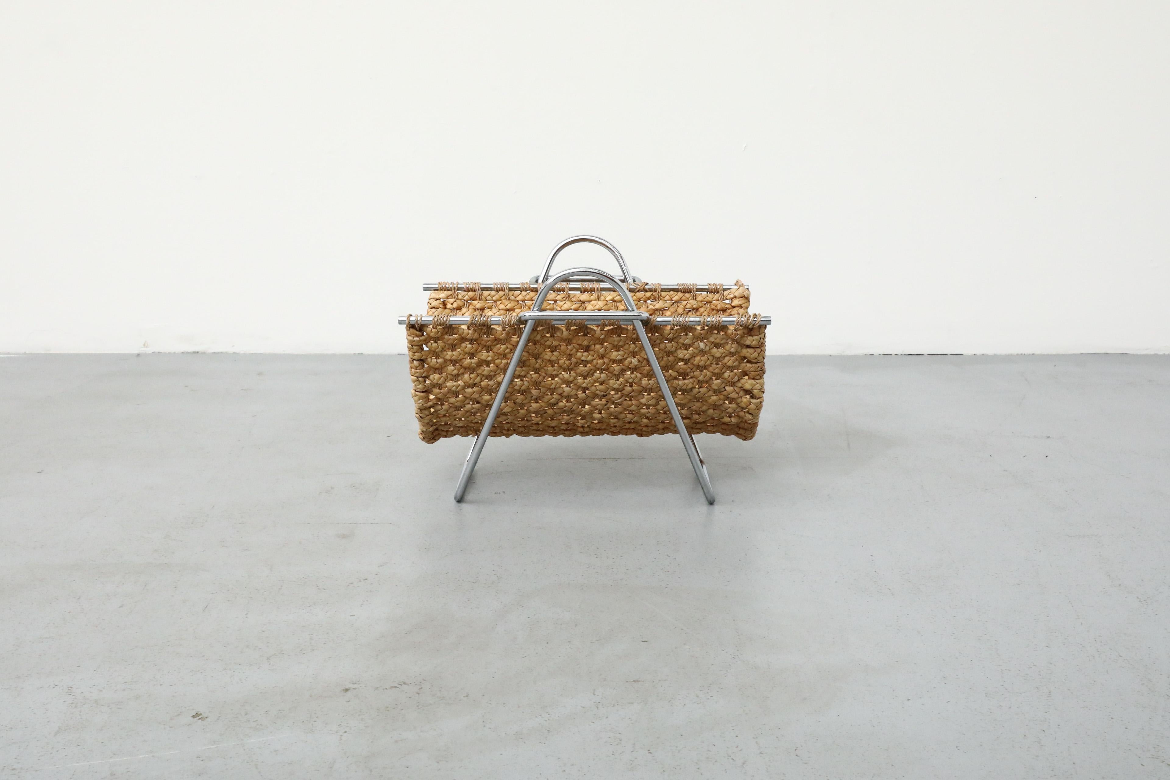 20th Century Mid-Century Seagrass and Chrome Magazine Rack or Log Carrier