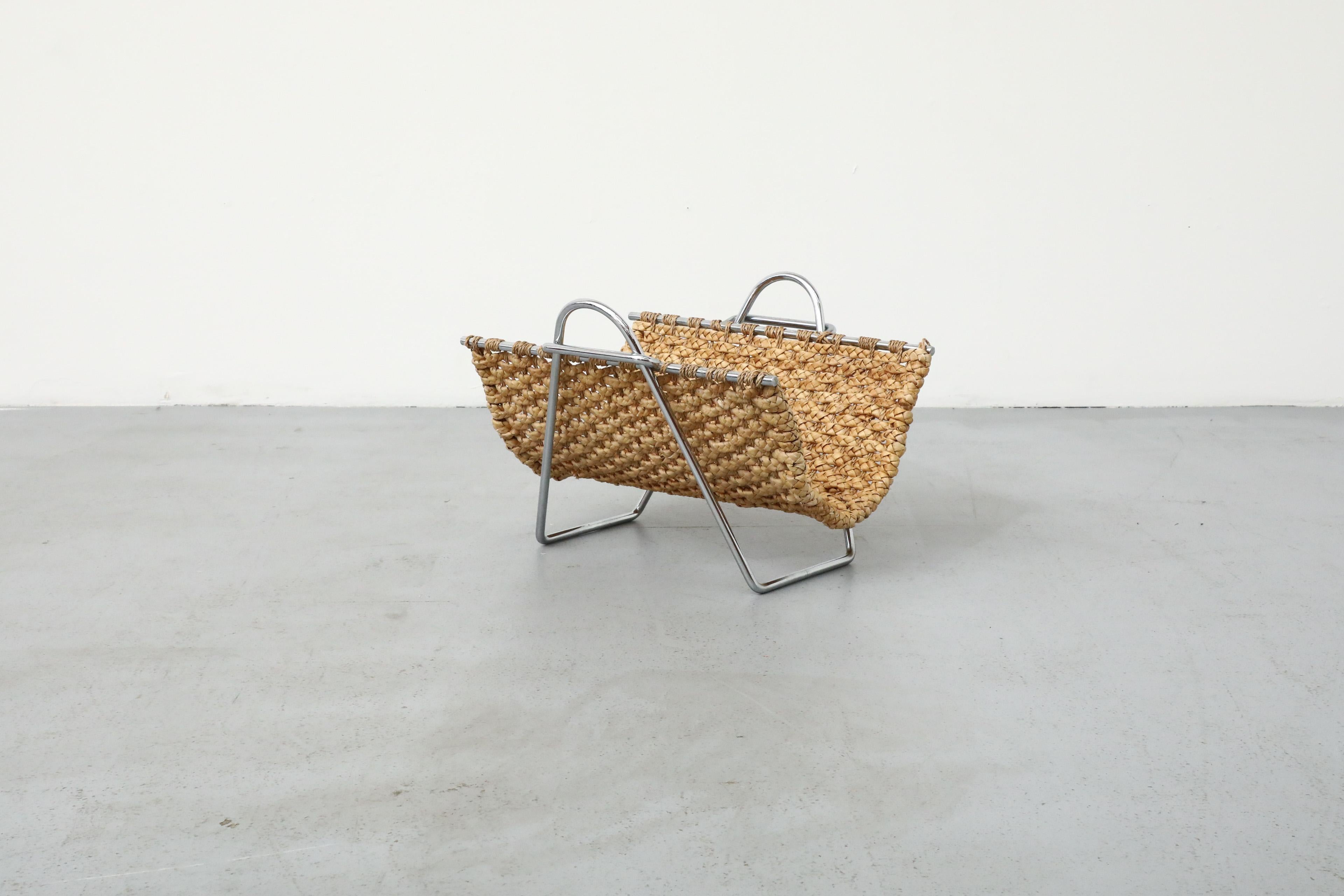 Mid-Century Seagrass and Chrome Magazine Rack or Log Carrier 1