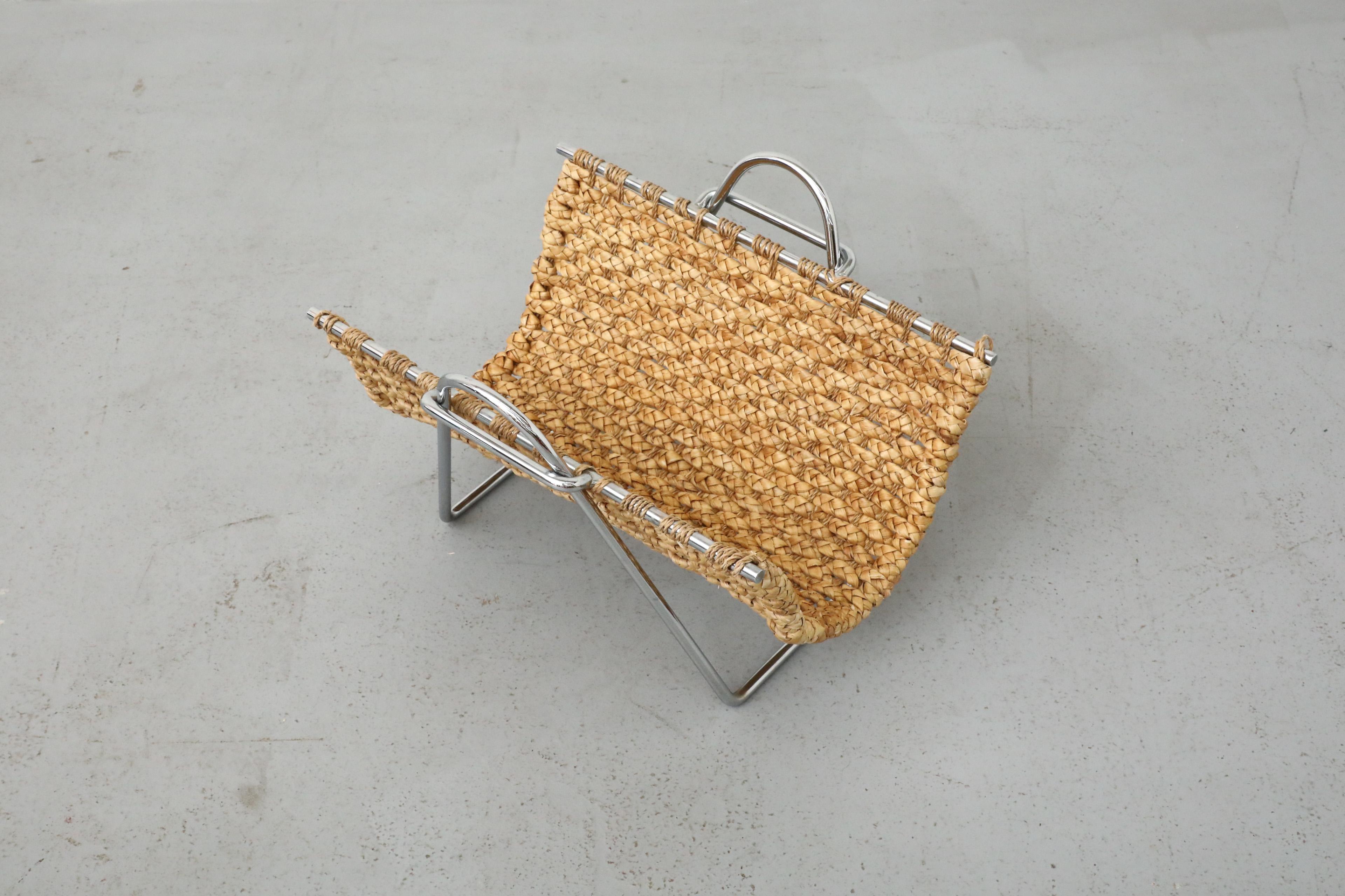 Mid-Century Seagrass and Chrome Magazine Rack or Log Carrier 2