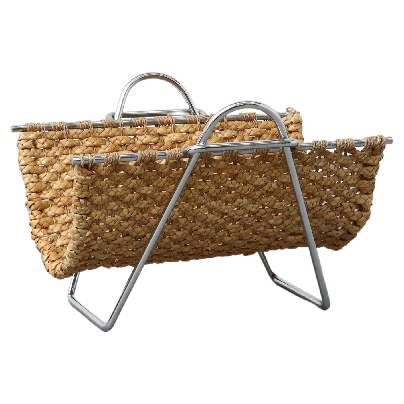 Mid-Century Seagrass and Chrome Magazine Rack or Log Carrier
