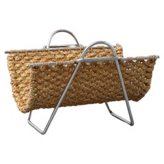 Mid-Century Seagrass and Chrome Magazine Rack or Log Carrier