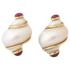 Mid Century Seaman Schepps Shell Earrings in 18k with Cabochon Rubies