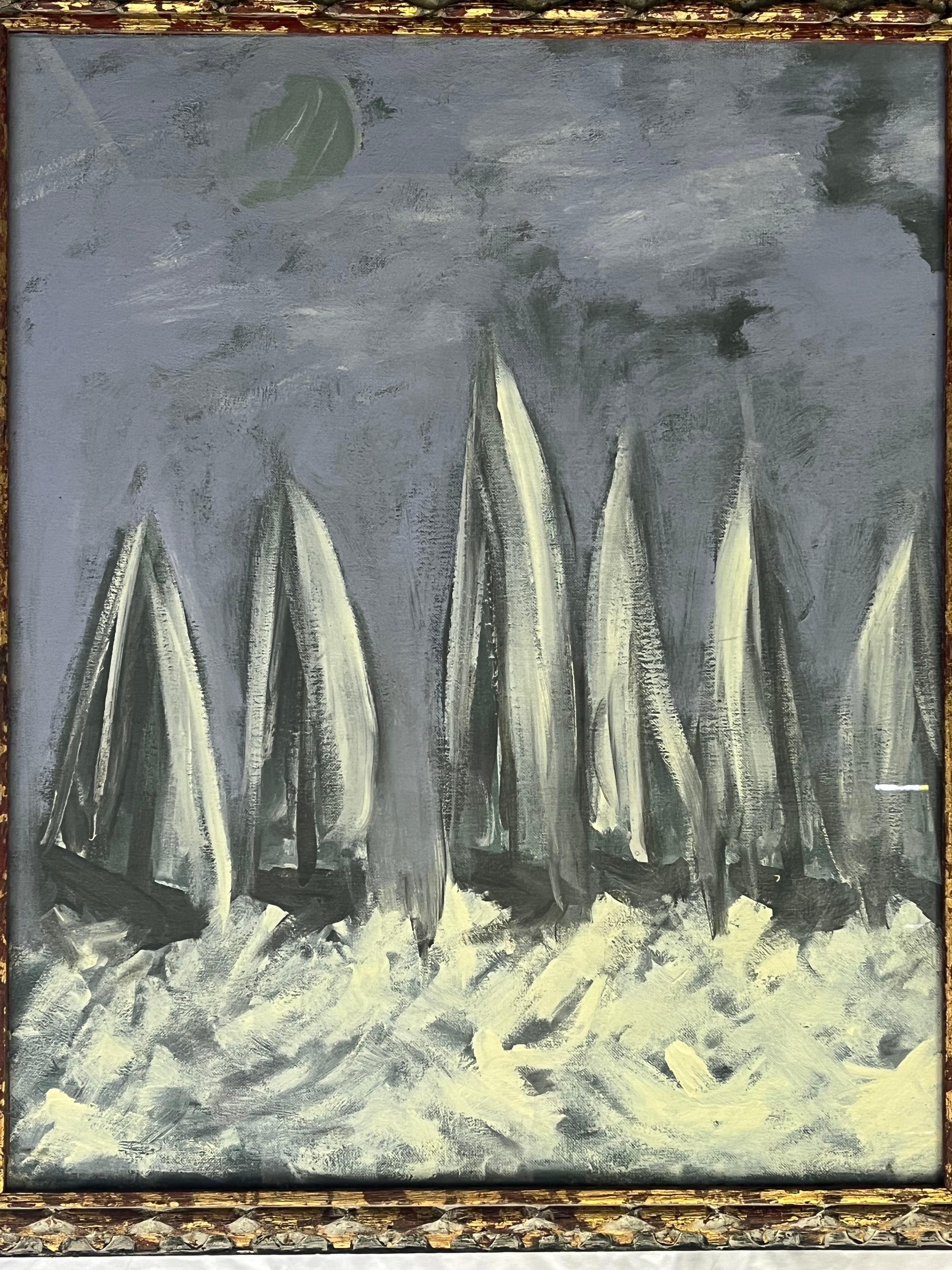 An energetic yet somehow serene mid century era circa 1960’s depiction of white sailboats set against blue skies sailing in a sea of white caps. This oil on canvas has a wood backing and is presented in a frame and under glass. The canvas is not