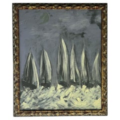 Mid Century Seascape Painting of White Sailboats Regatta Framed Under Glass