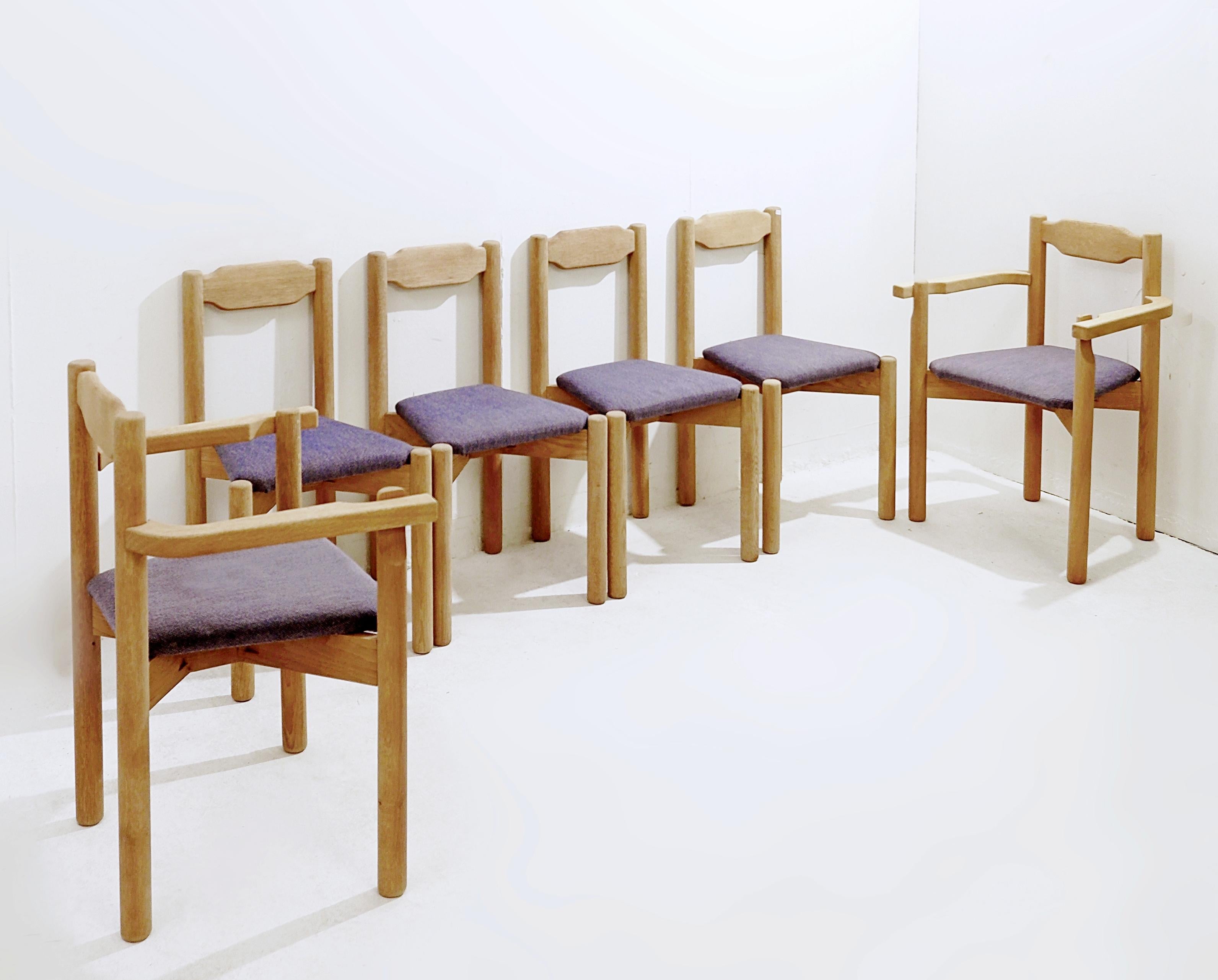 Midcentury seating set 4 + 2 by Guillerme et Chambron, solid oak.