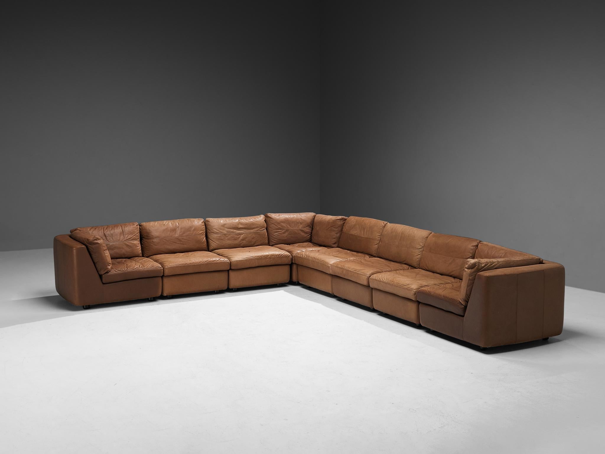 German Mid-Century Sectional Sofa in Patinated Cognac Leather