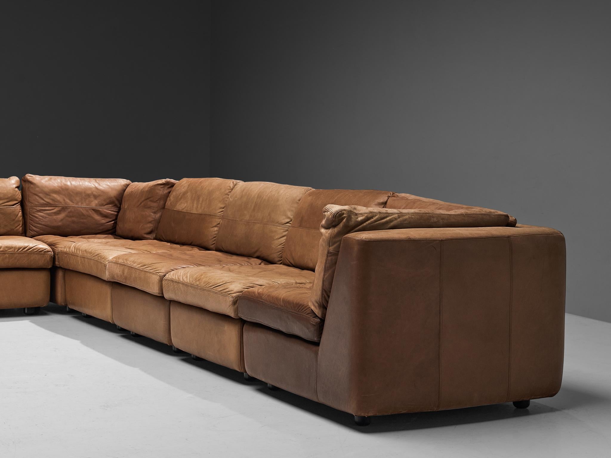 Mid-Century Sectional Sofa in Patinated Cognac Leather 2