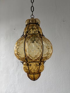 Mid-Century Seguso Murano Amber Yellow Blown Detailed Lantern Chandelier