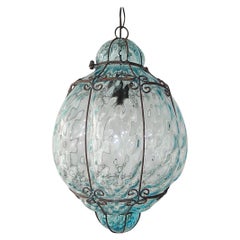 Mid Century Seguso Murano Aqua Blue Blown Lantern Chandelier