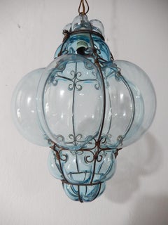 Midcentury Seguso Murano Aqua Blue Bubbles Blown Lantern Chandelier