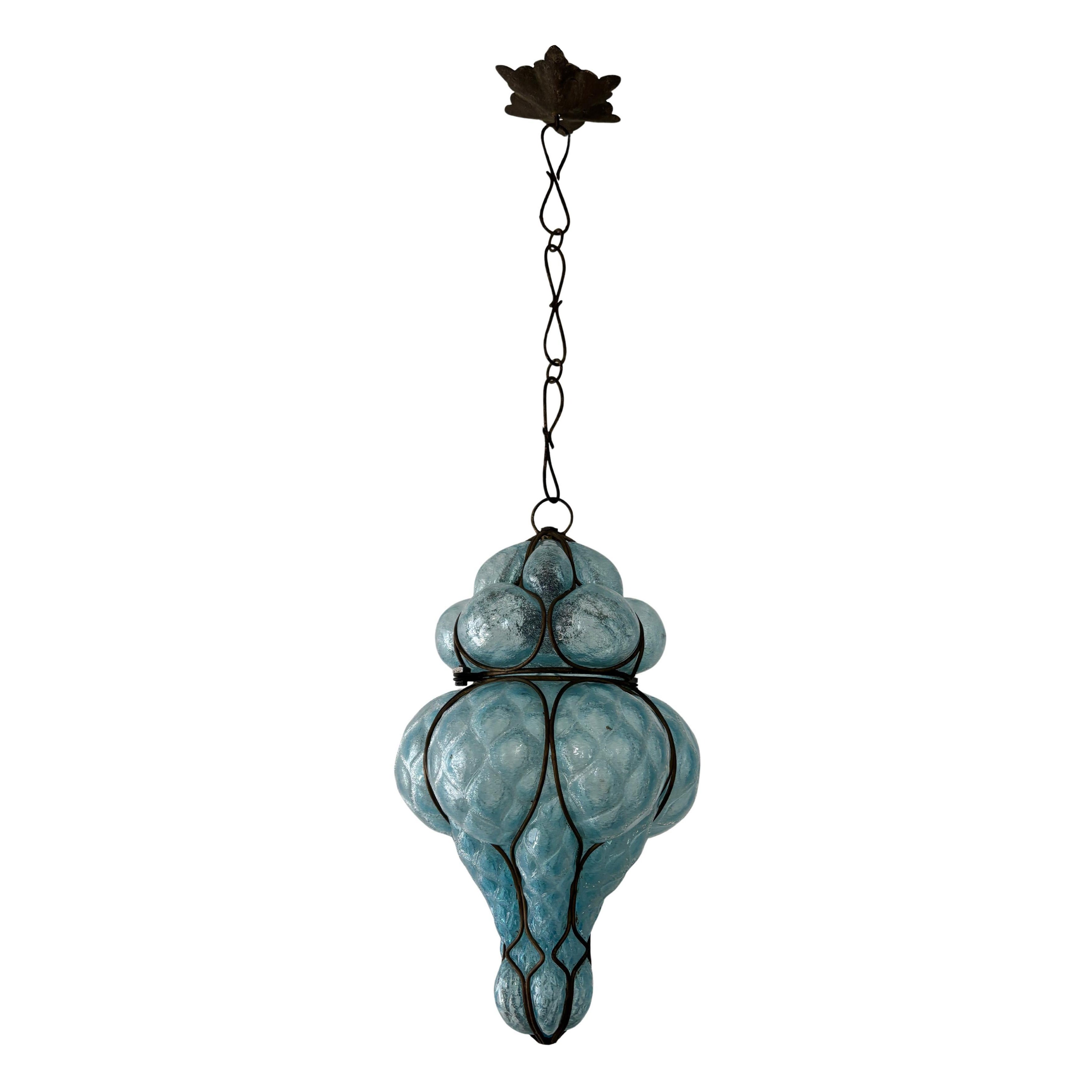 Mid-Century Seguso Murano Blue Aqua Blown Bubble Lantern Chandelier Rare