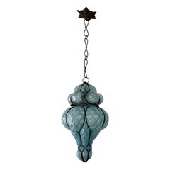 Mid-Century Seguso Murano Blue Aqua Blown Bubble Lantern Chandelier Rare