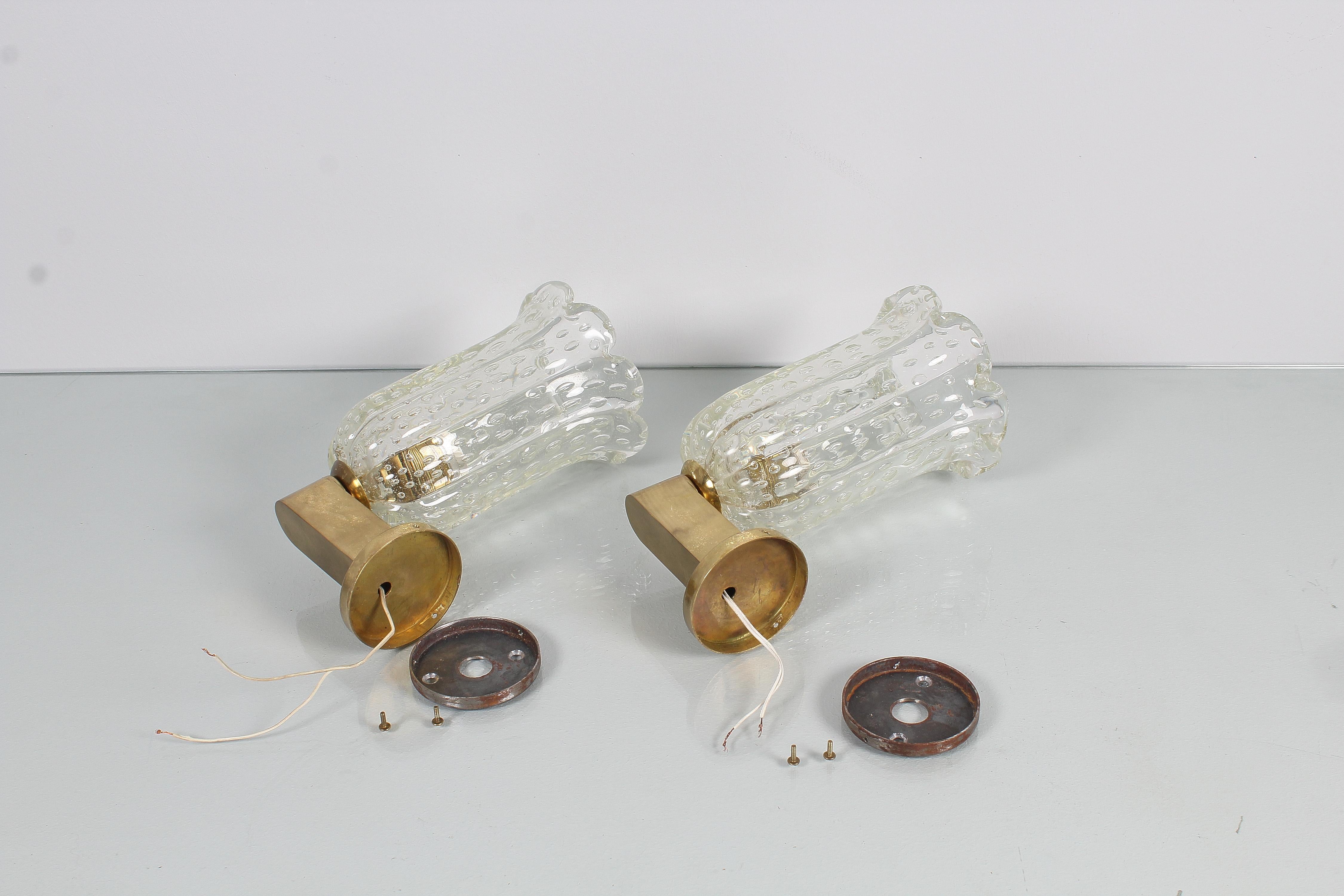 Mid-Century Seguso Ribbed Murano Bullicante Glass Sconces, 50s Italy, Set of 2 5