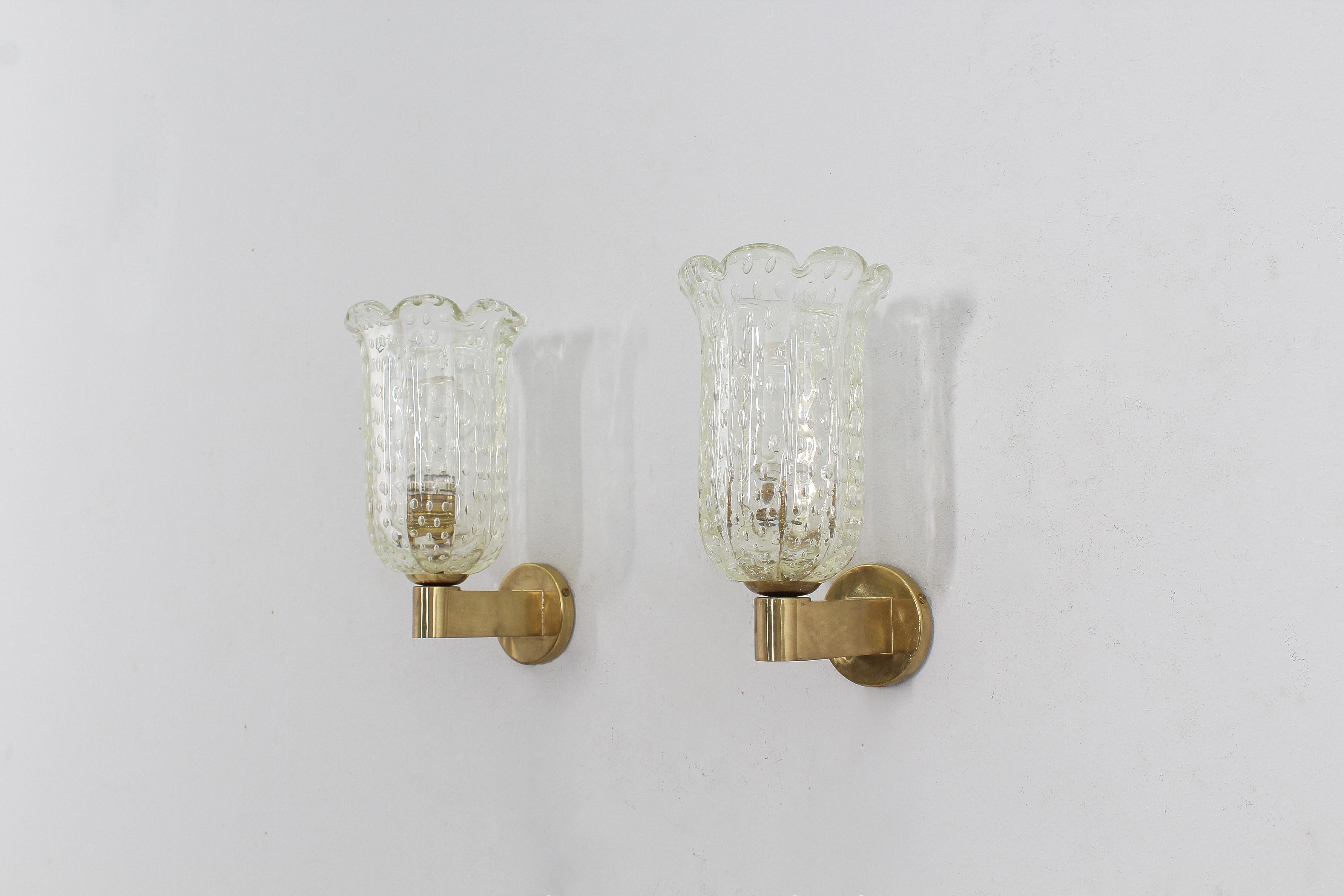 Mid-Century Modern Mid-Century Seguso Ribbed Murano Bullicante Glass Sconces, 50s Italy, Set of 2