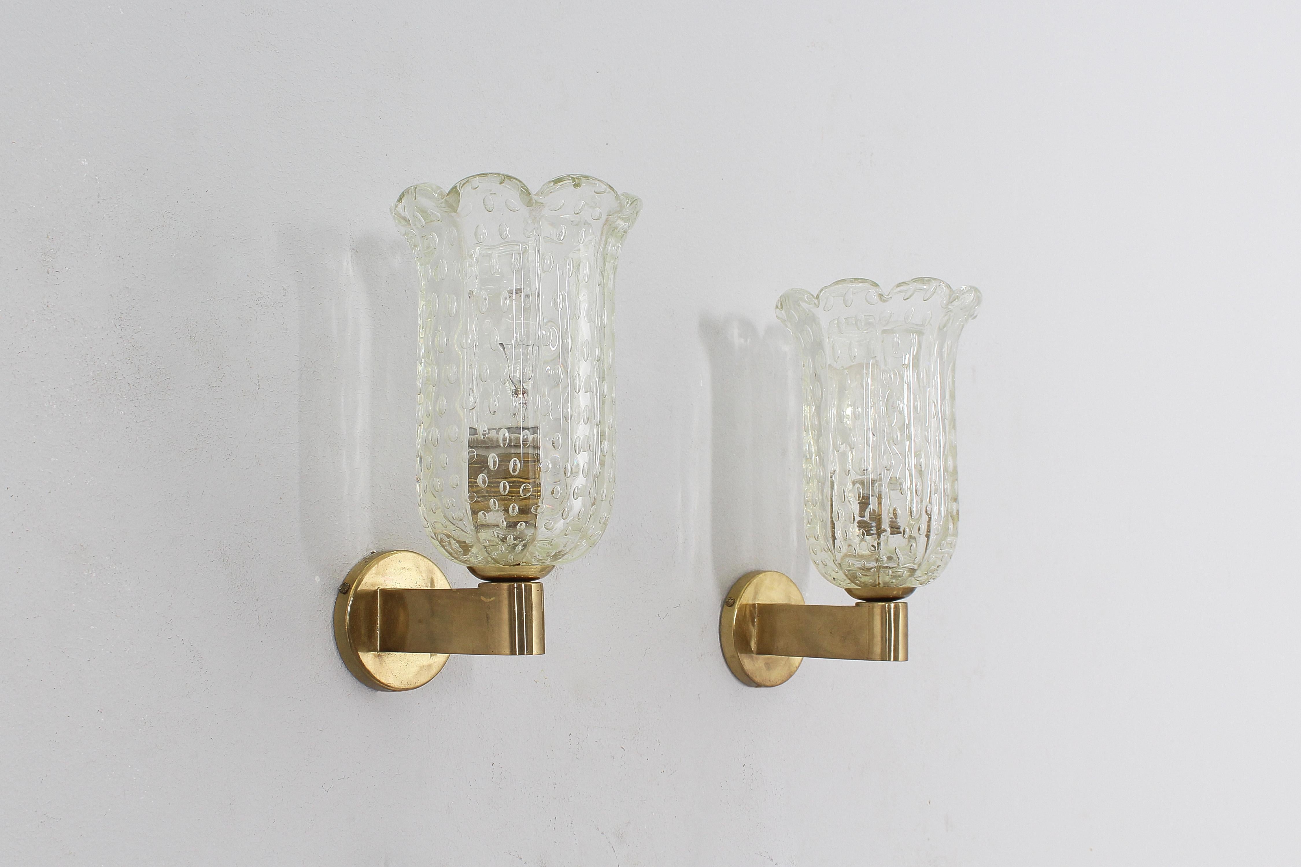 Italian Mid-Century Seguso Ribbed Murano Bullicante Glass Sconces, 50s Italy, Set of 2