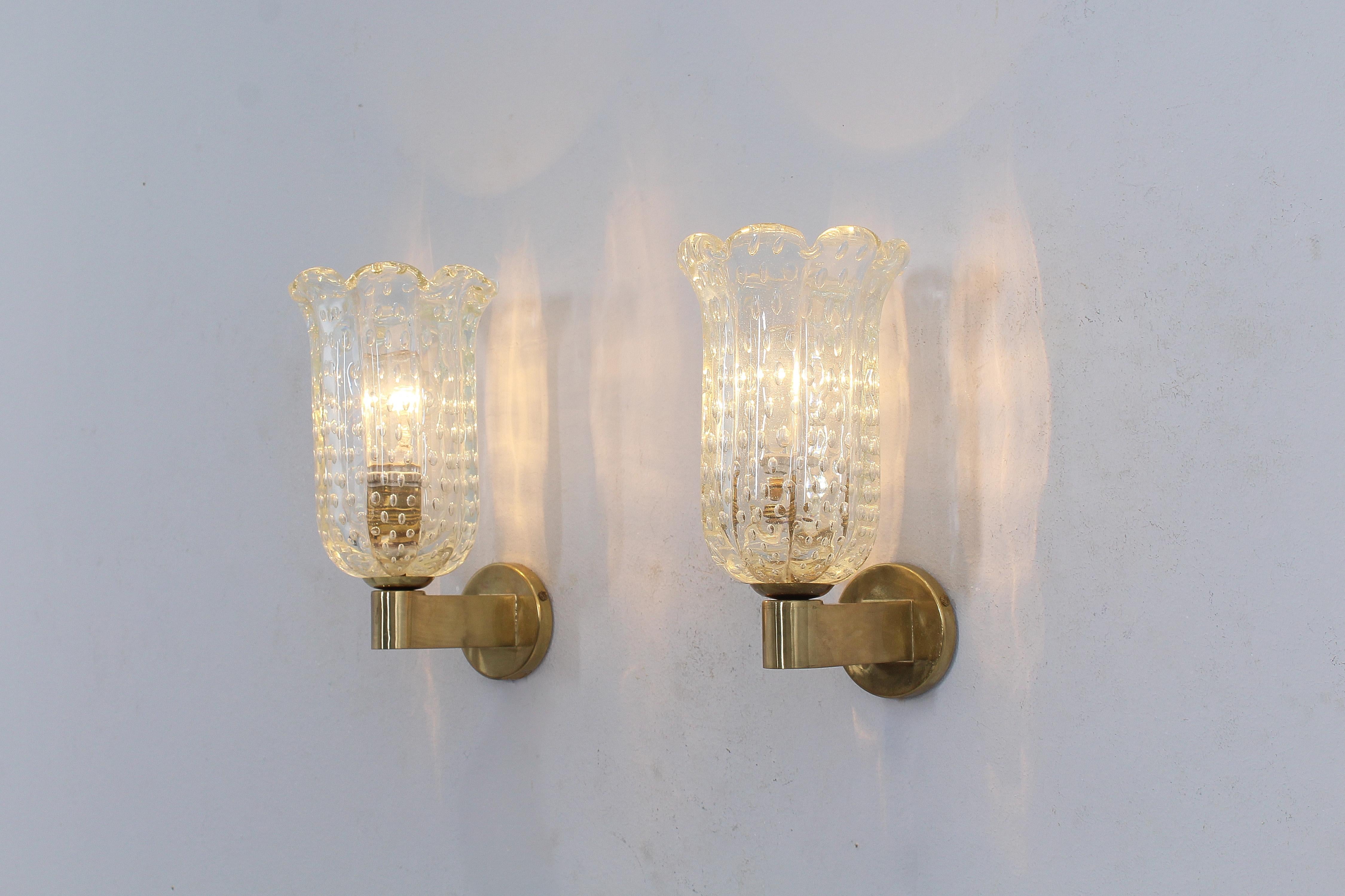 Mid-20th Century Mid-Century Seguso Ribbed Murano Bullicante Glass Sconces, 50s Italy, Set of 2