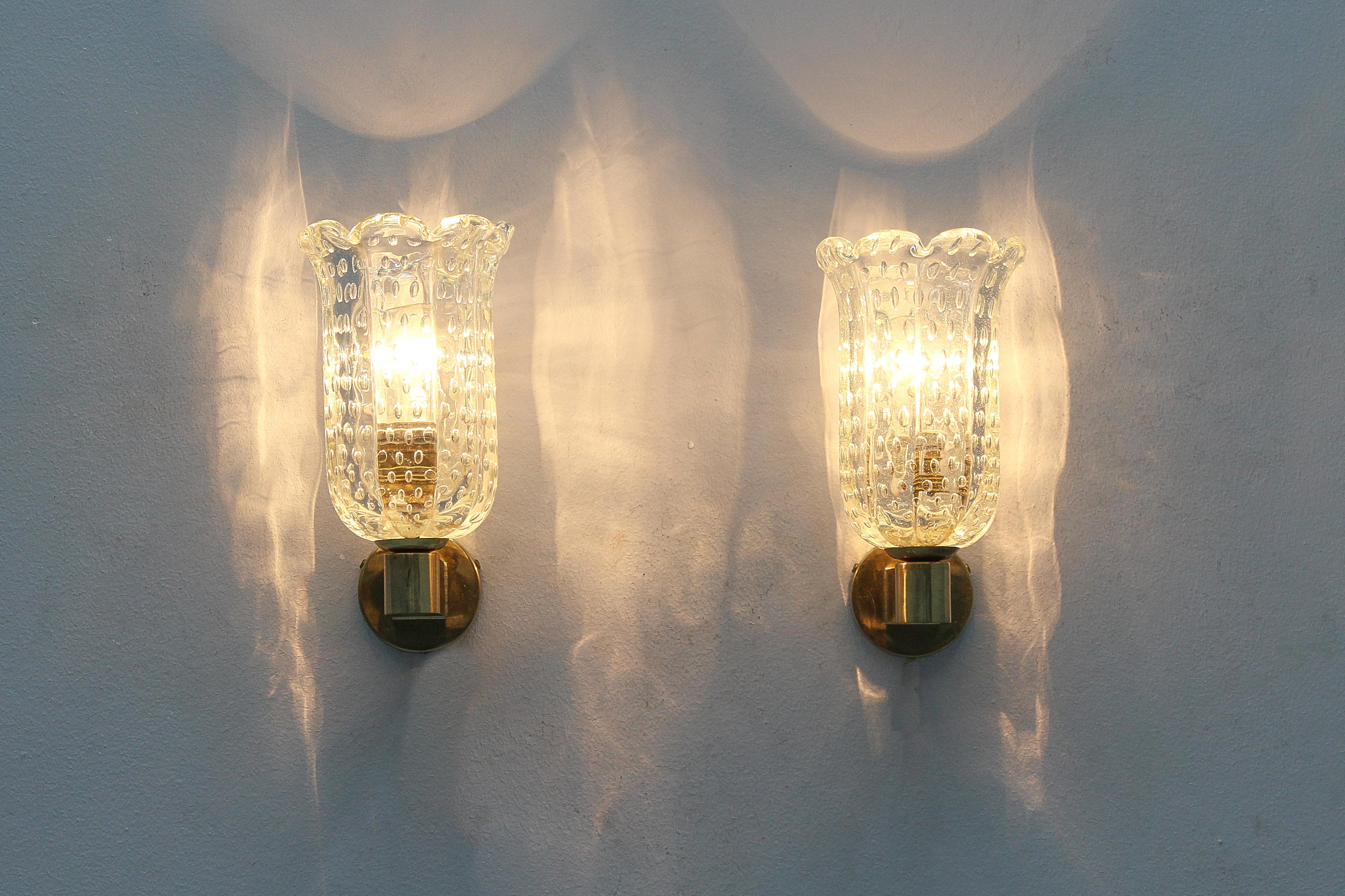 Mid-Century Seguso Ribbed Murano Bullicante Glass Sconces, 50s Italy, Set of 2 1