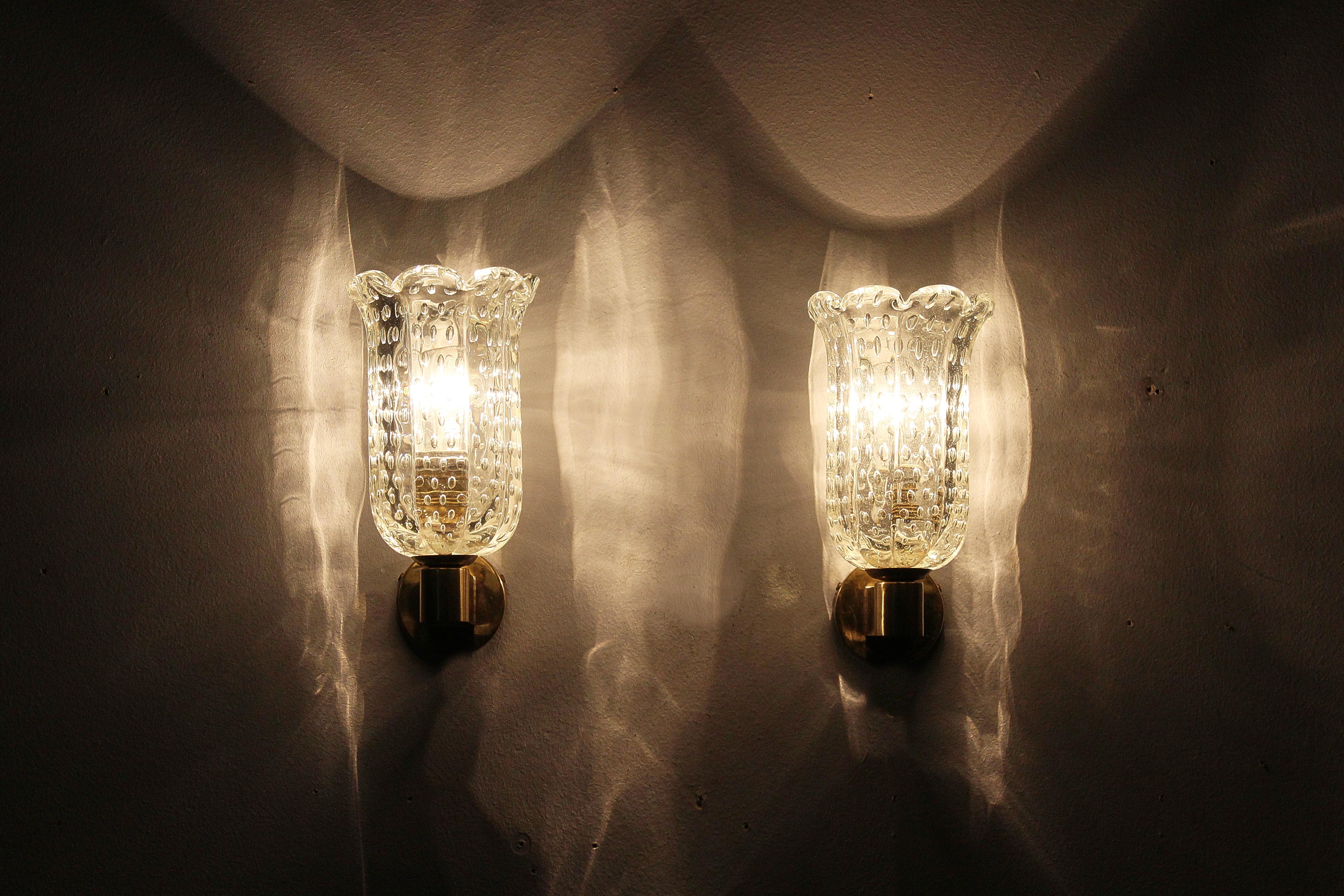 Mid-Century Seguso Ribbed Murano Bullicante Glass Sconces, 50s Italy, Set of 2 2