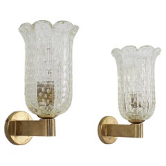 Mid-Century Seguso Ribbed Murano Bullicante Glass Sconces, 50s Italy, Set of 2