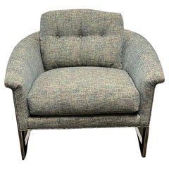 Vintage Mid-Century Selig Blue Tweed Barrel Back Lounge Chair on Chrome Base