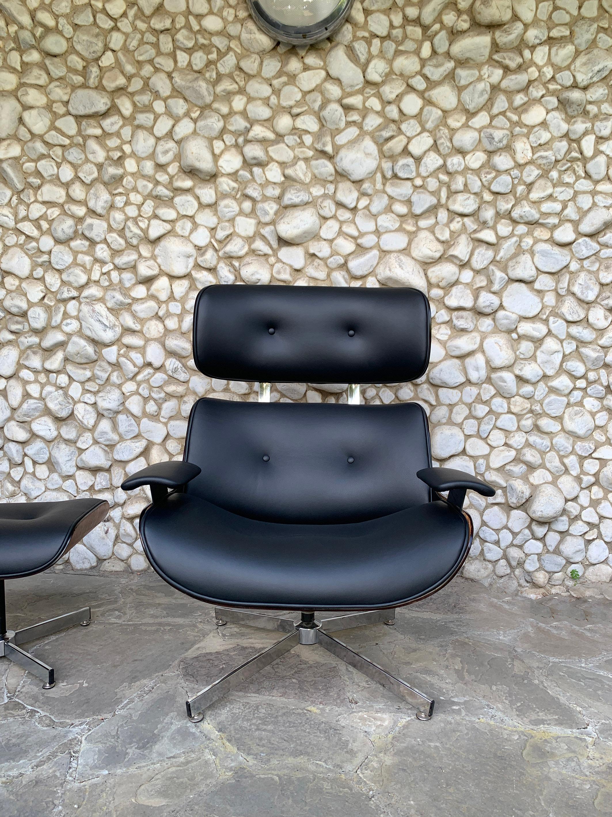 Midcentury Selig Lounge Chair & Ottoman Eames Style, Teak & Black Leather 5