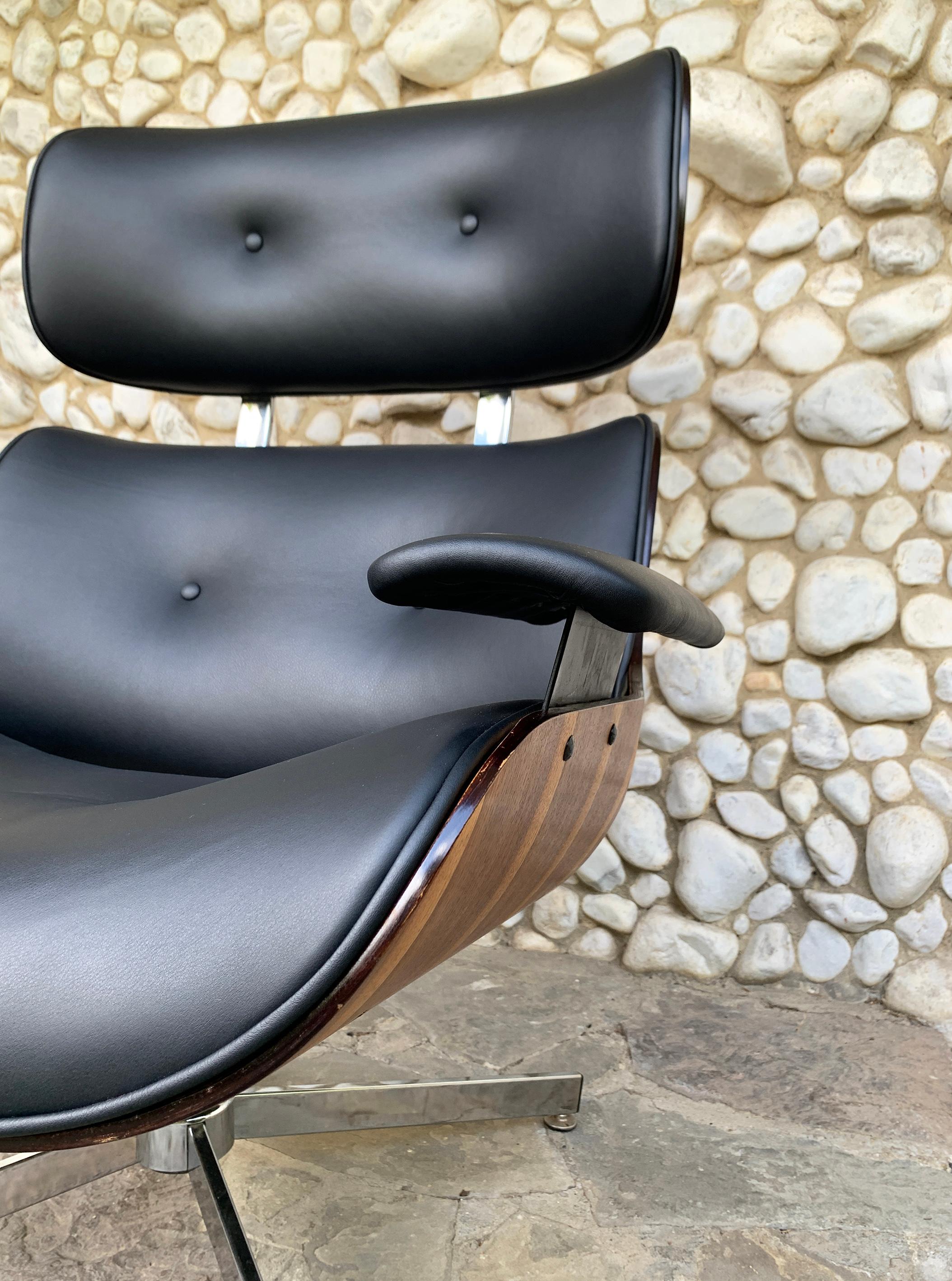 Midcentury Selig Lounge Chair & Ottoman Eames Style, Teak & Black Leather 9
