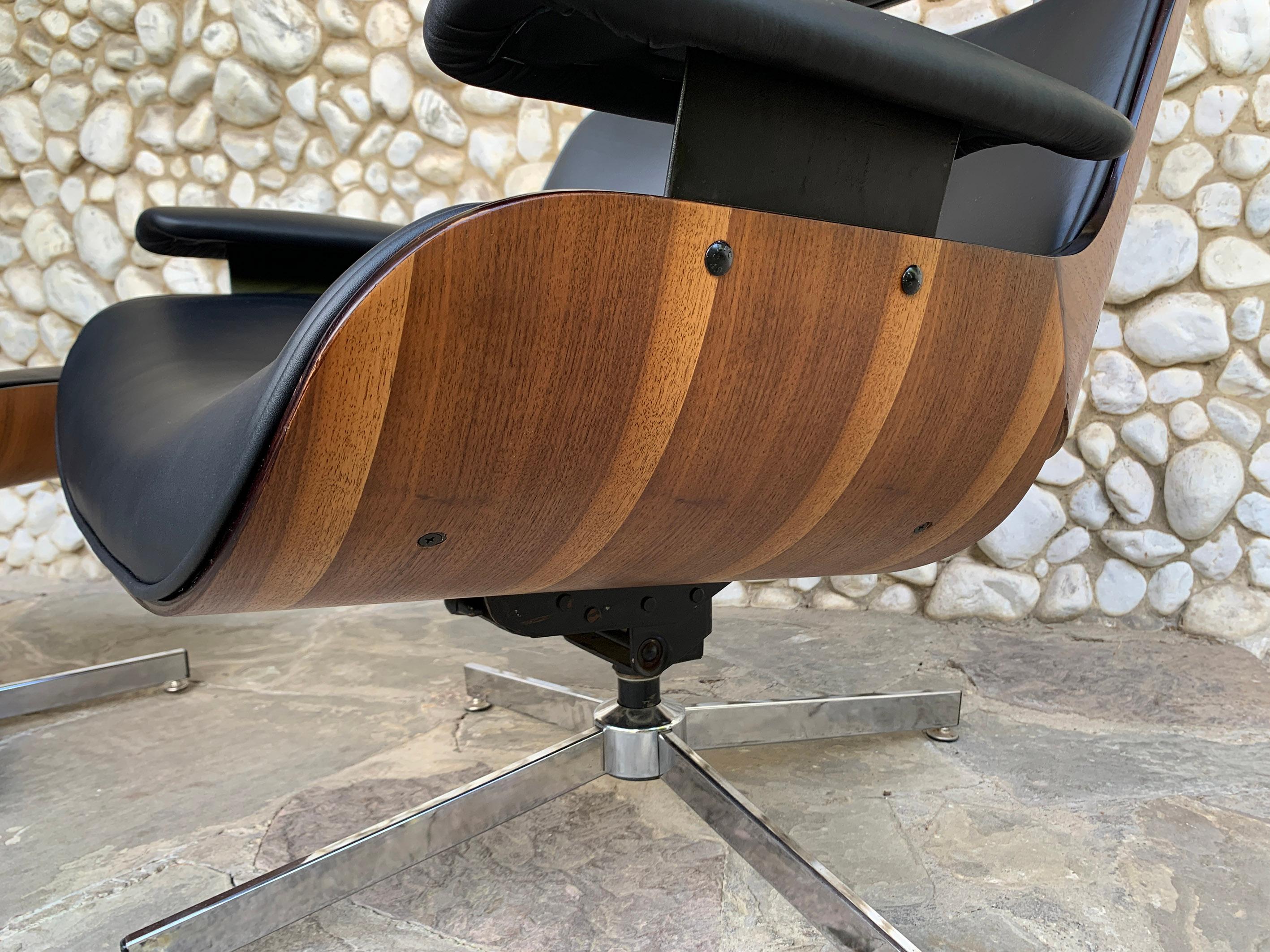 Midcentury Selig Lounge Chair & Ottoman Eames Style, Teak & Black Leather 11