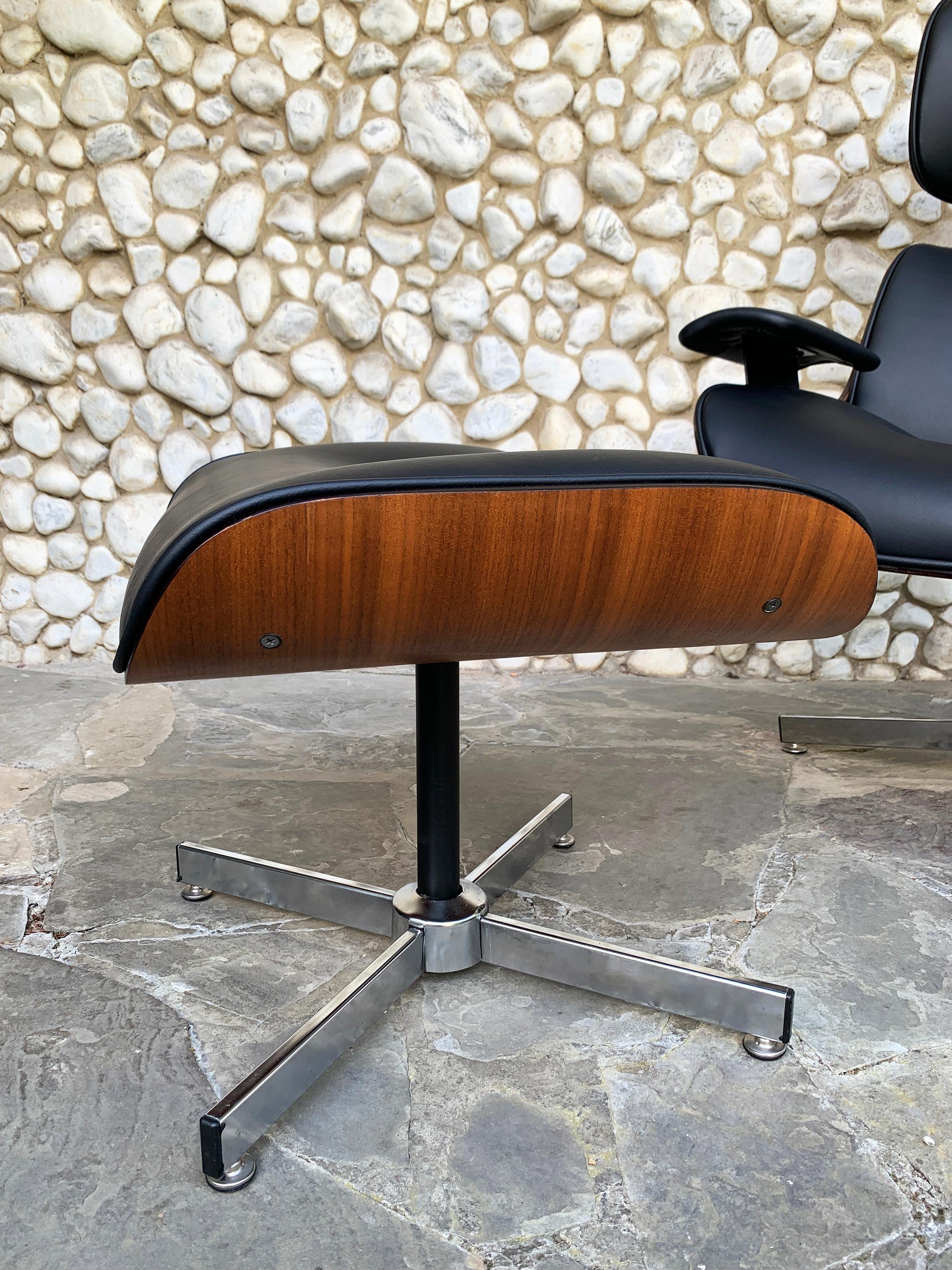 Midcentury Selig Lounge Chair & Ottoman Eames Style, Teak & Black Leather 13