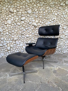 Midcentury Selig Lounge Chair & Ottoman Eames Style, Teak & Black Leather