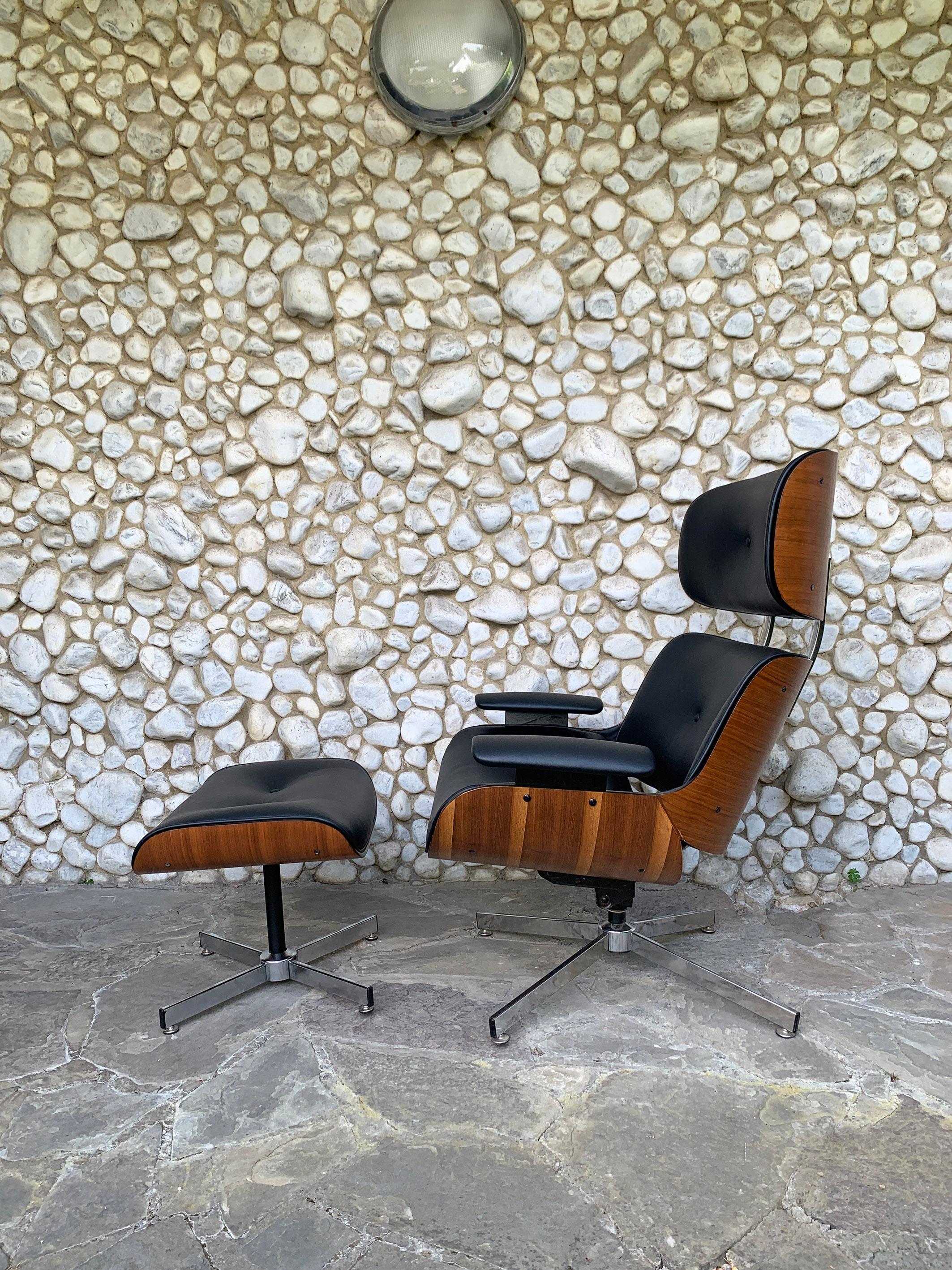 Mid-Century Modern Midcentury Selig Lounge Chair & Ottoman Eames Style, Teak & Black Leather