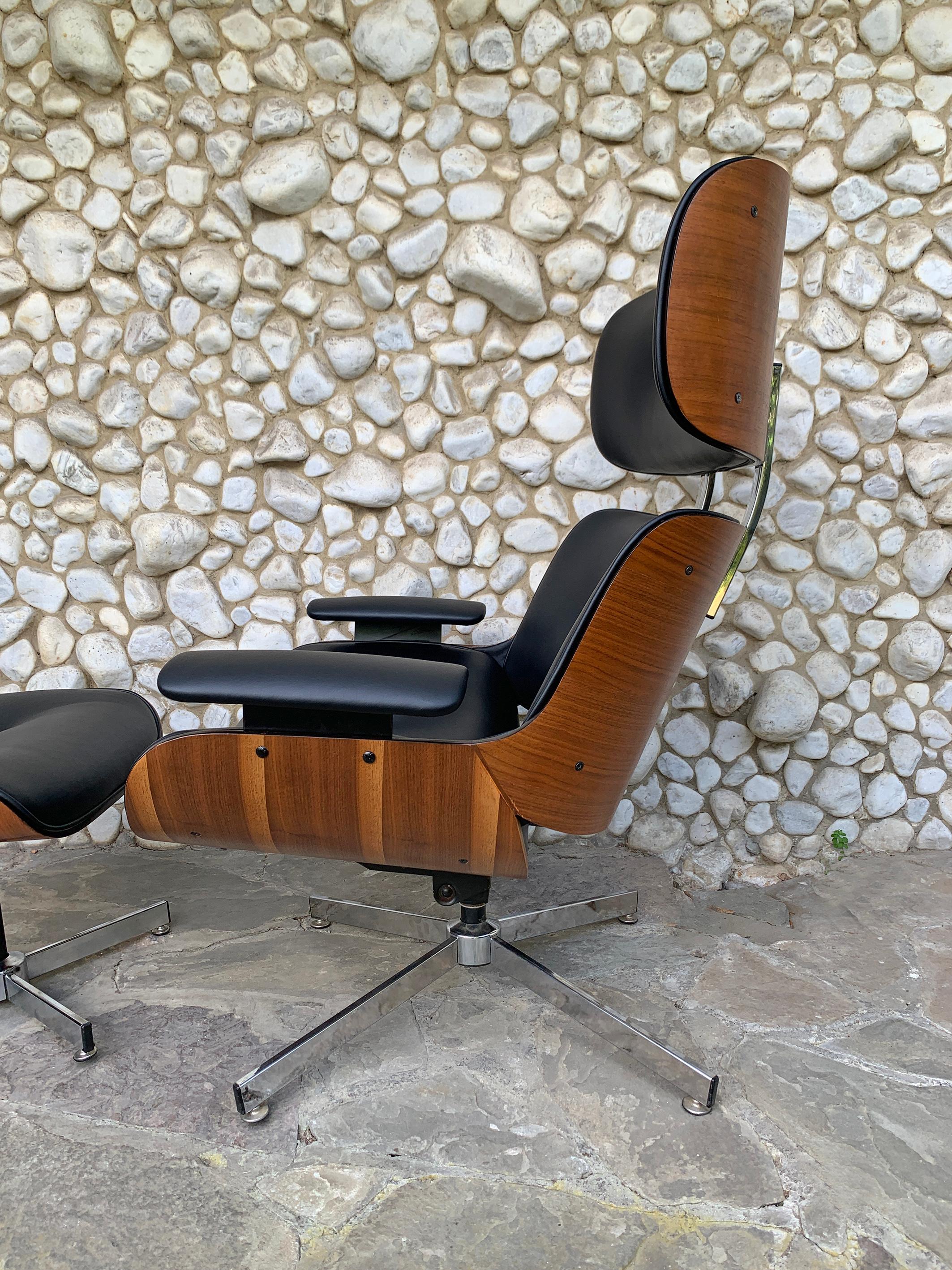 North American Midcentury Selig Lounge Chair & Ottoman Eames Style, Teak & Black Leather