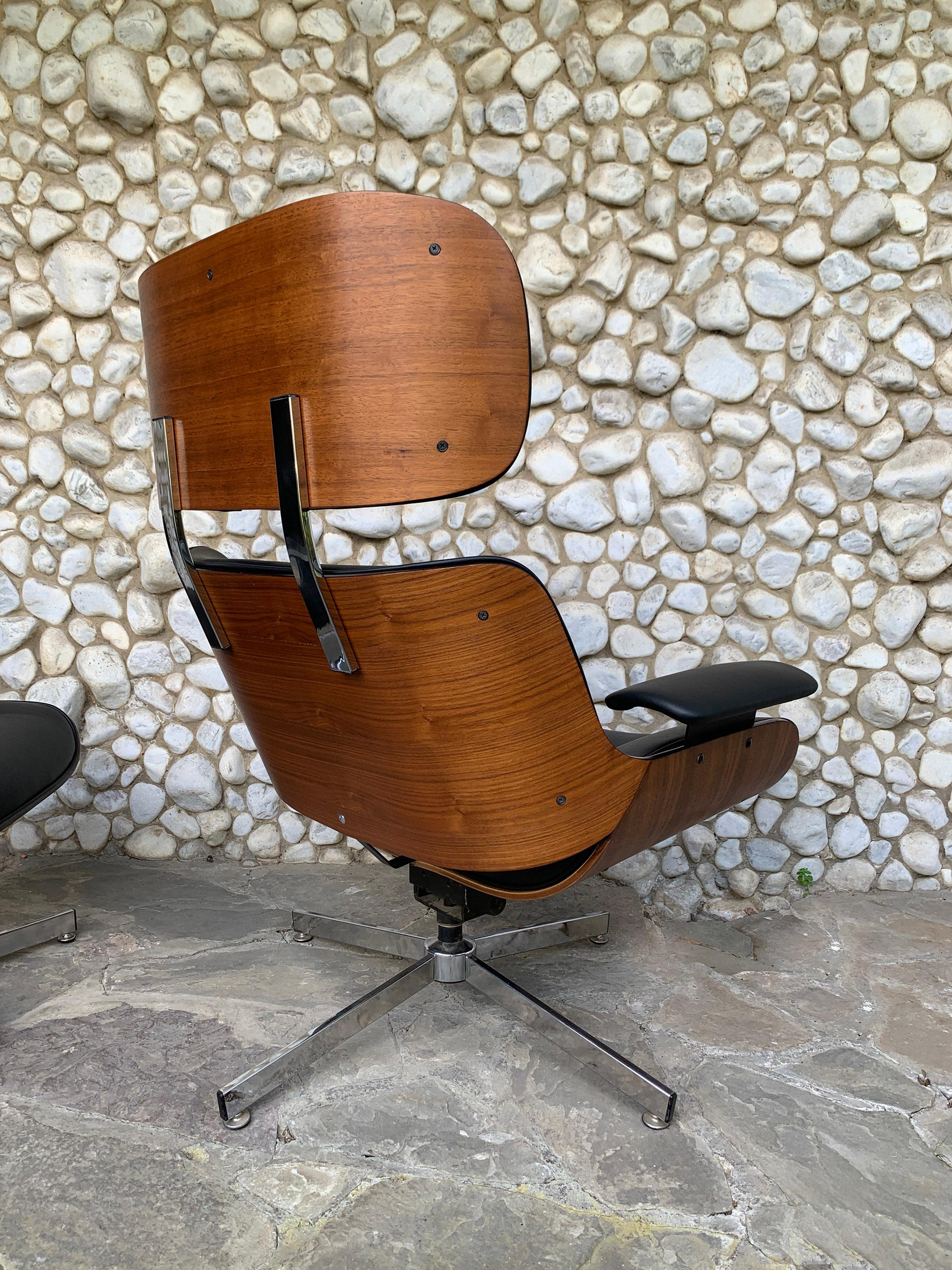 Steel Midcentury Selig Lounge Chair & Ottoman Eames Style, Teak & Black Leather