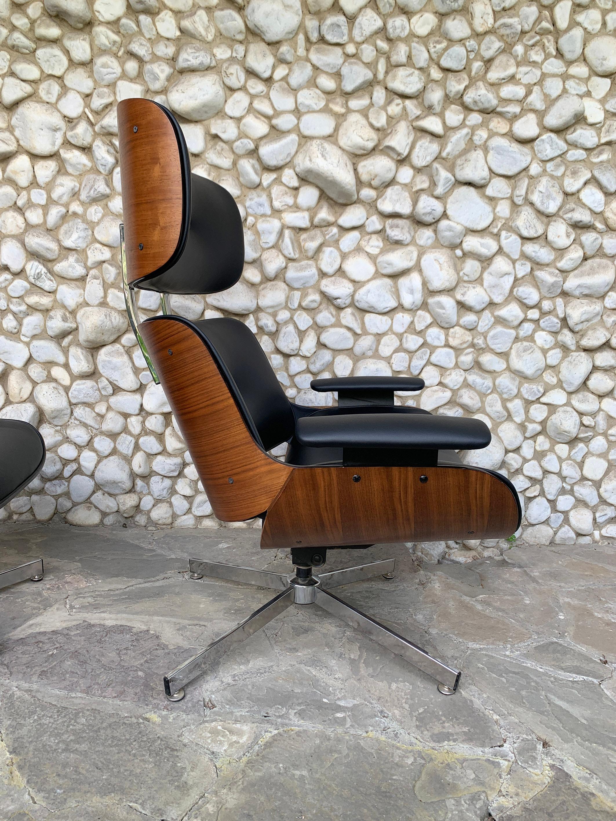 Midcentury Selig Lounge Chair & Ottoman Eames Style, Teak & Black Leather 1