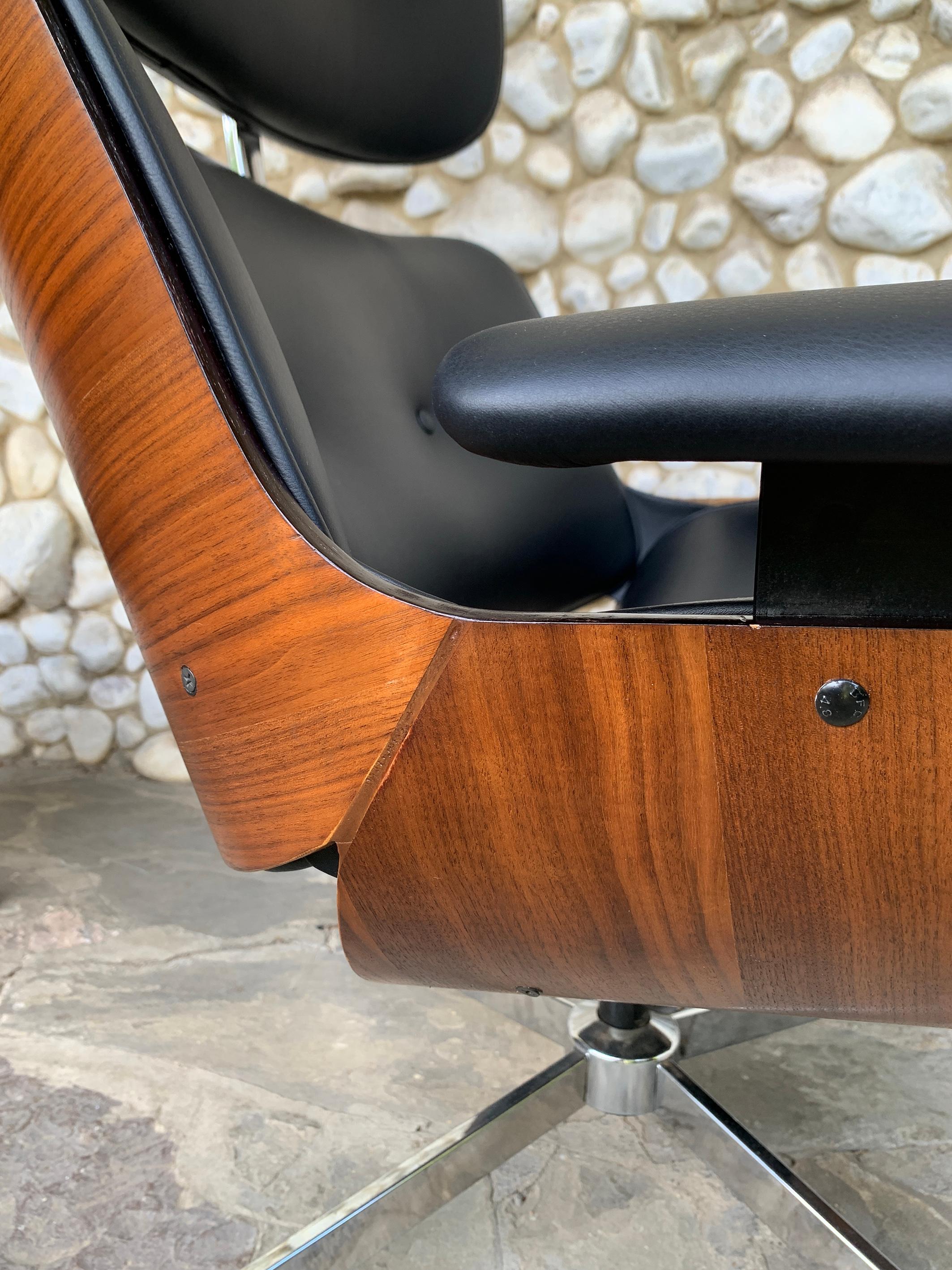 Midcentury Selig Lounge Chair & Ottoman Eames Style, Teak & Black Leather 2