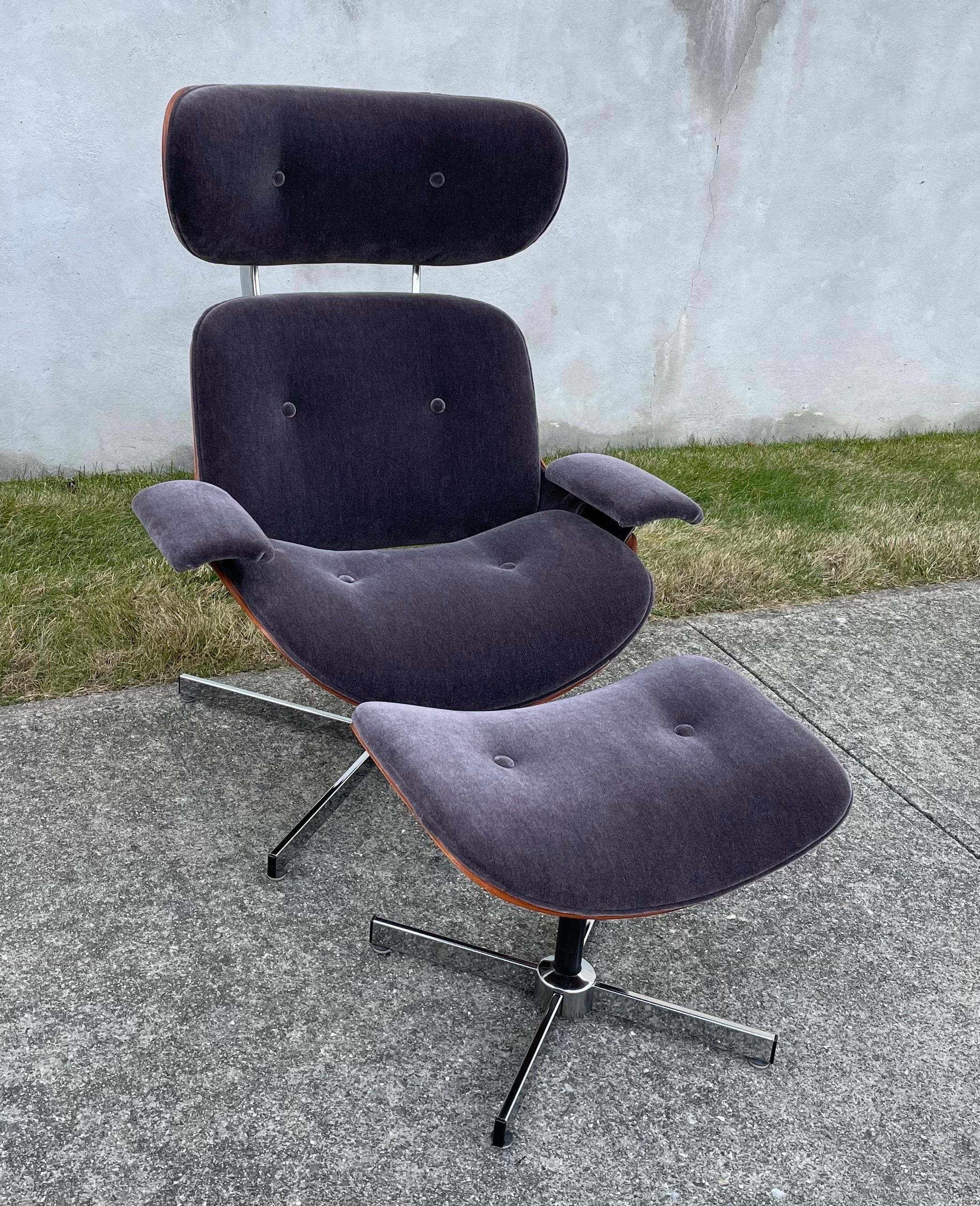 Fantastic Mid Century lounge chair & ottoman by Selig, reupholstered in gray mohair.