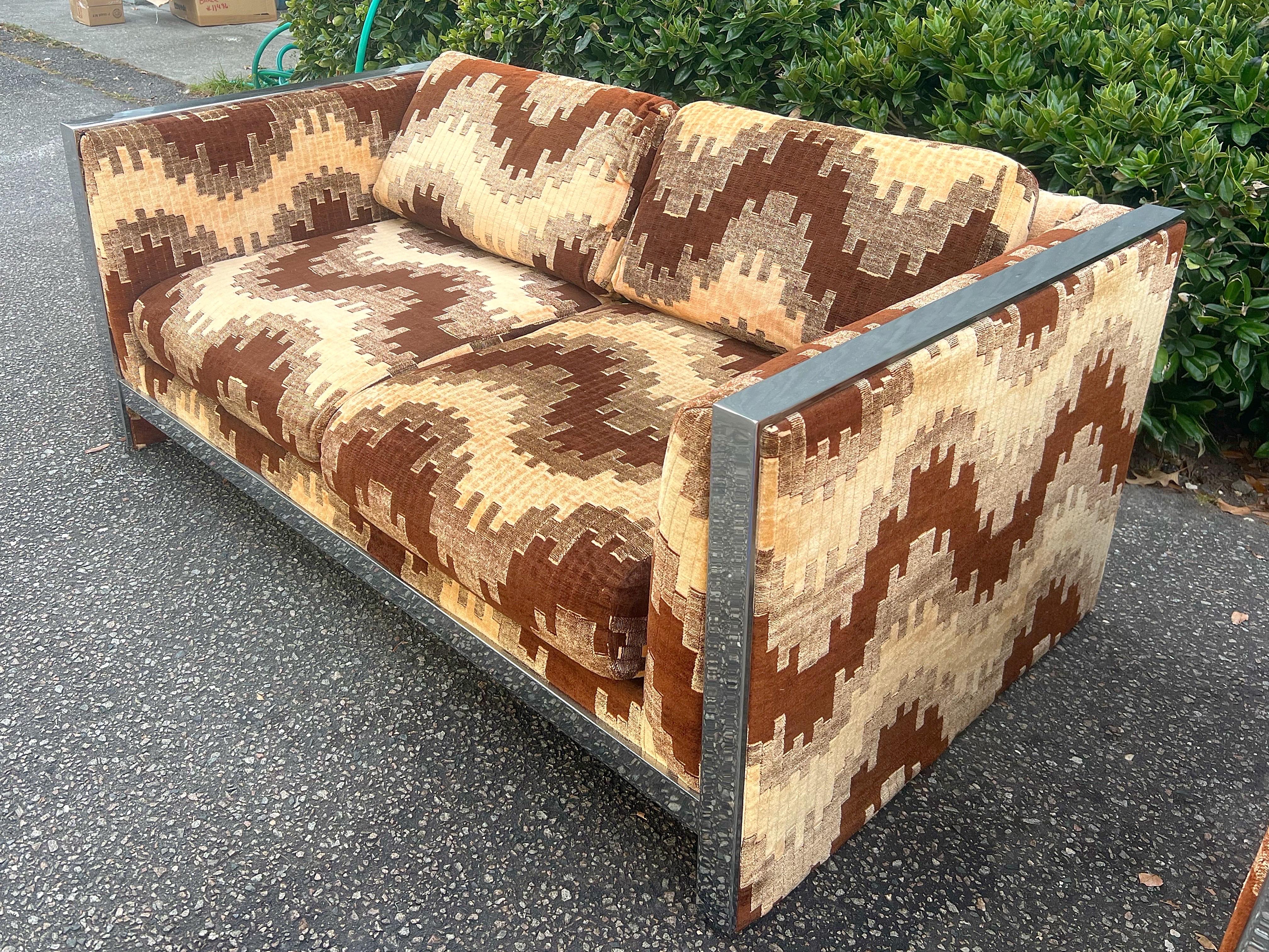 Mid Century Selig Monroe Milo Baughman Style Chrome Loveseat In Good Condition In Charleston, SC