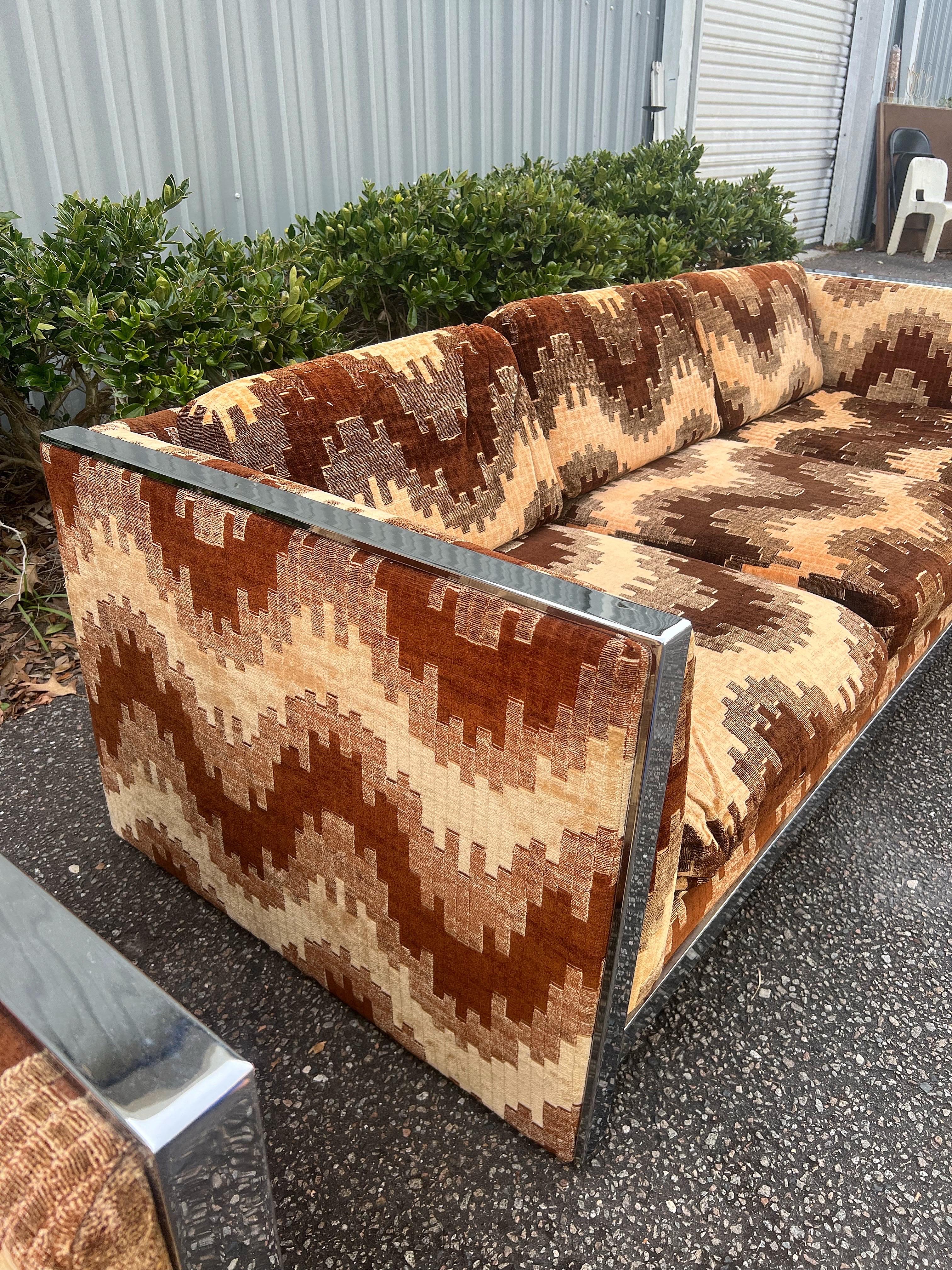 Upholstery Mid Century Selig Monroe Milo Baughman Style Chrome Sofa