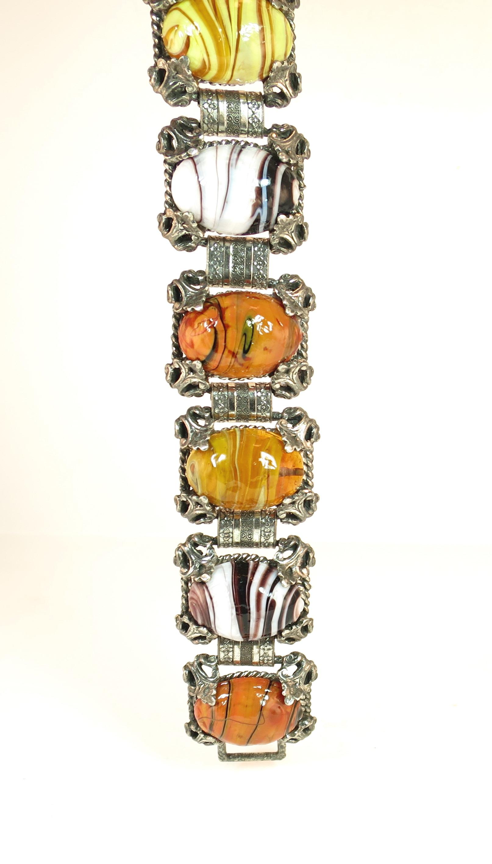 Mid-Century Selro Agate Art Glass Florentine Link Bracelet, 1950s For Sale 6