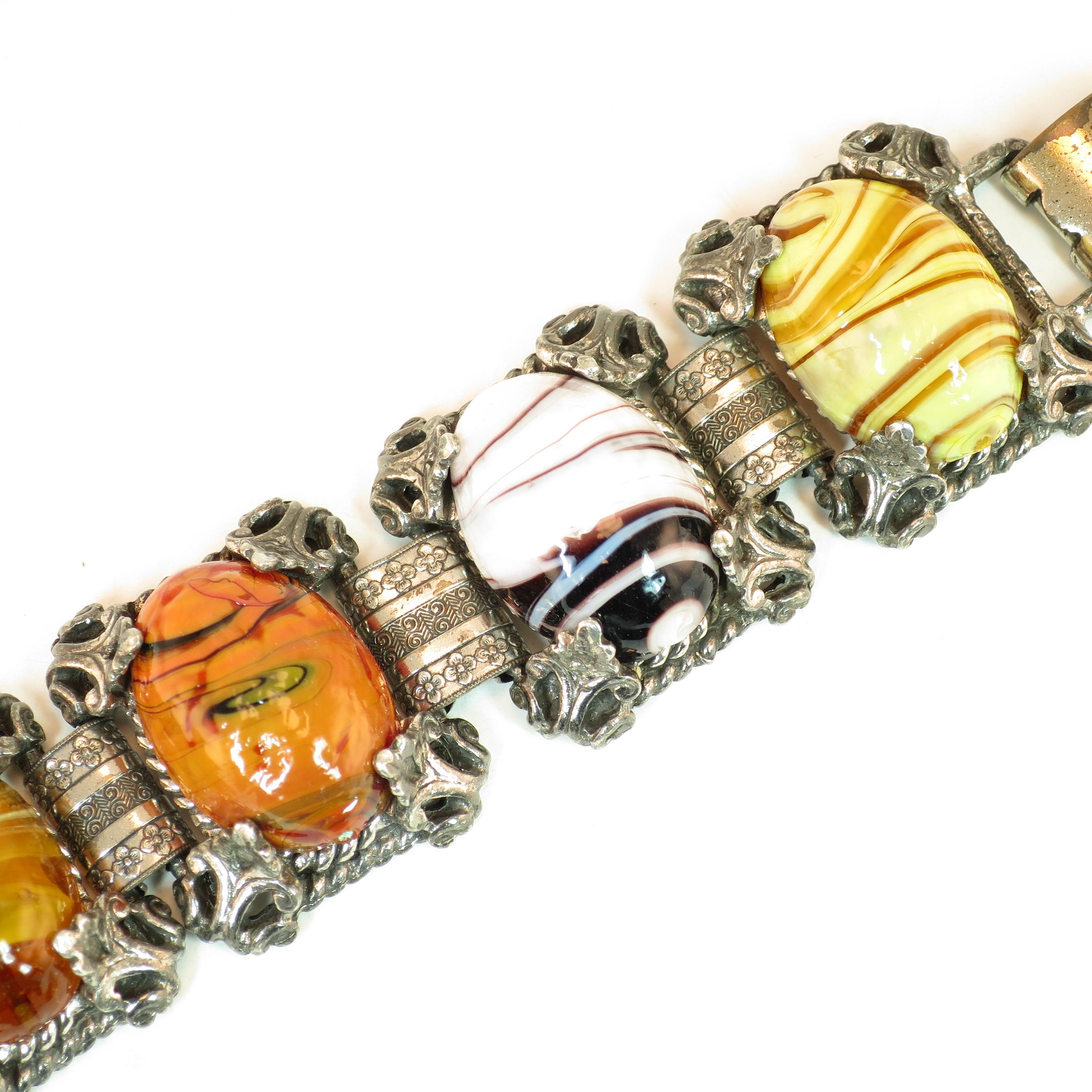 Mid-Century Selro Agate Art Glass Florentine Link Bracelet, 1950s In Good Condition For Sale In Burbank, CA