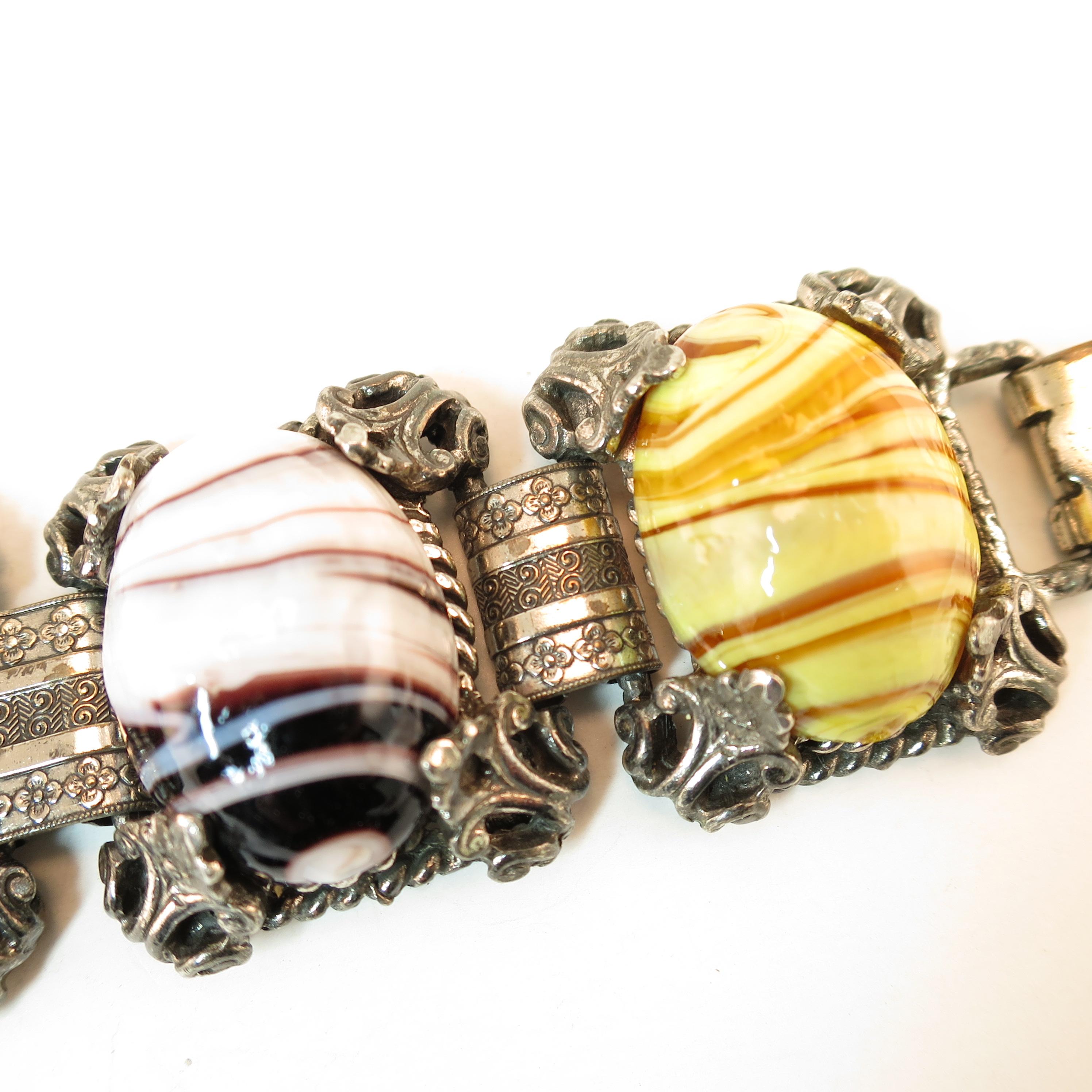 Women's Mid-Century Selro Agate Art Glass Florentine Link Bracelet, 1950s For Sale